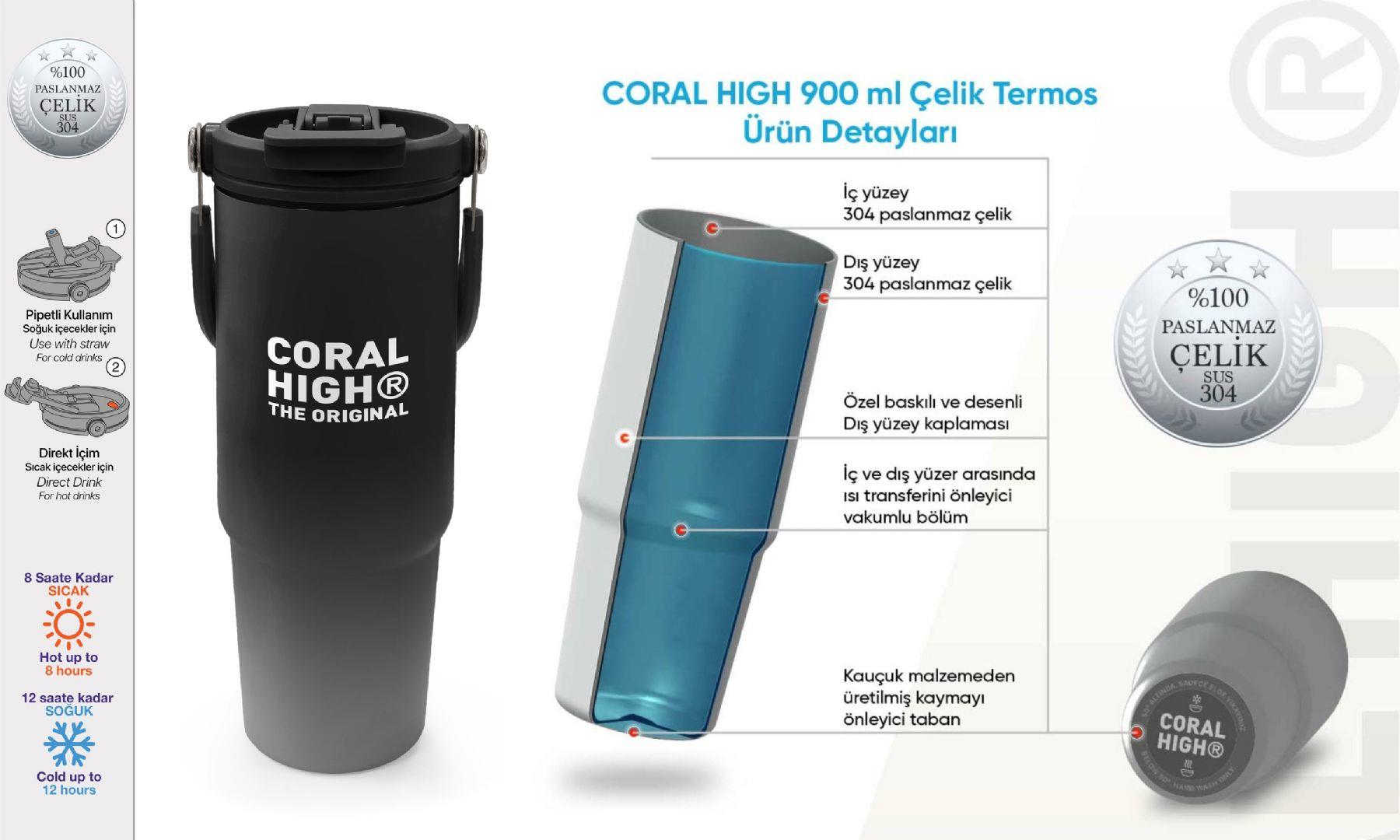 Coral High 900 ml Erkek Çocuk Siyah Gri Gamer Desenli Çelik Termos /Matara - 38744