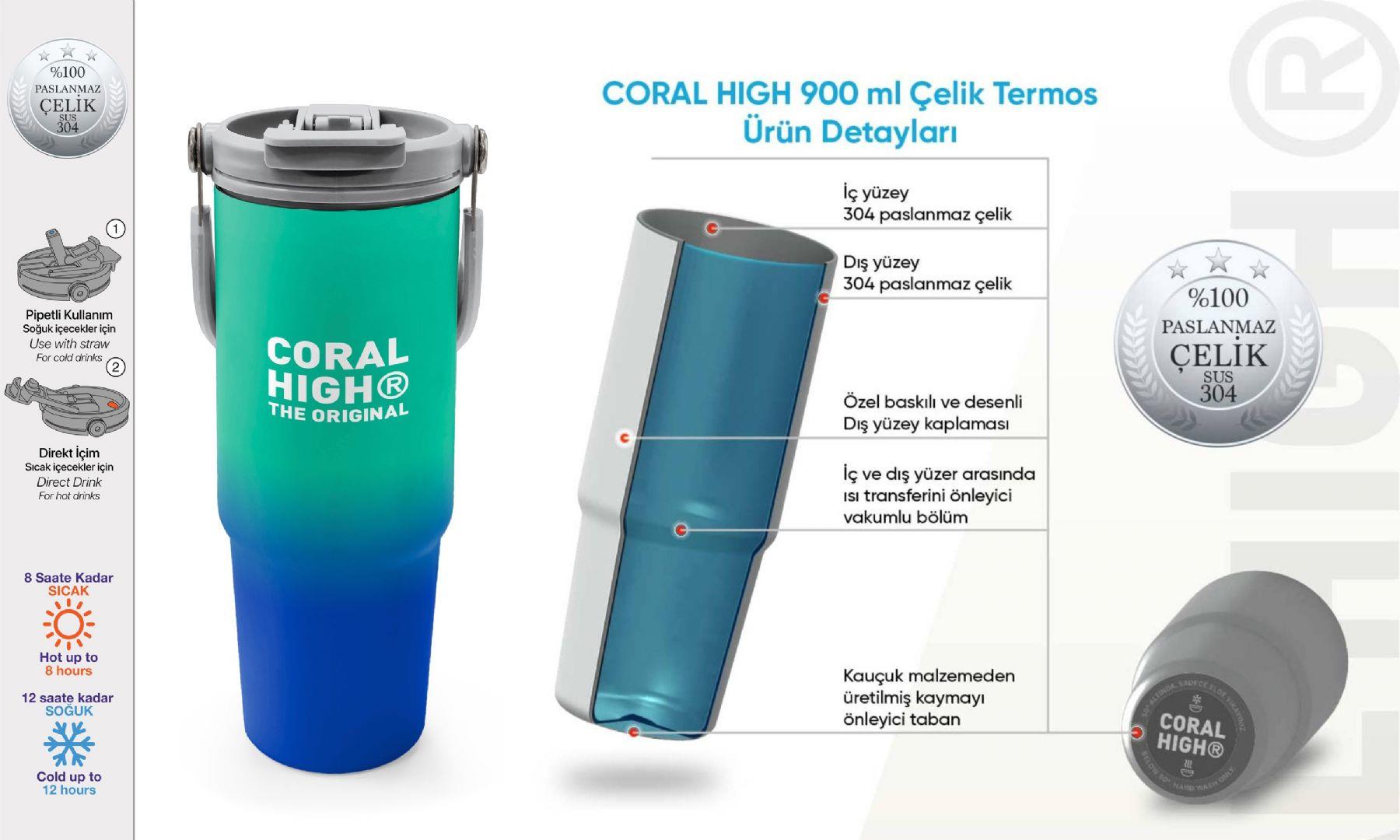 Coral High 900 ml Erkek Çocuk Yeşil Saks Renk Geçişli Çelik Termos /Matara - 38725
