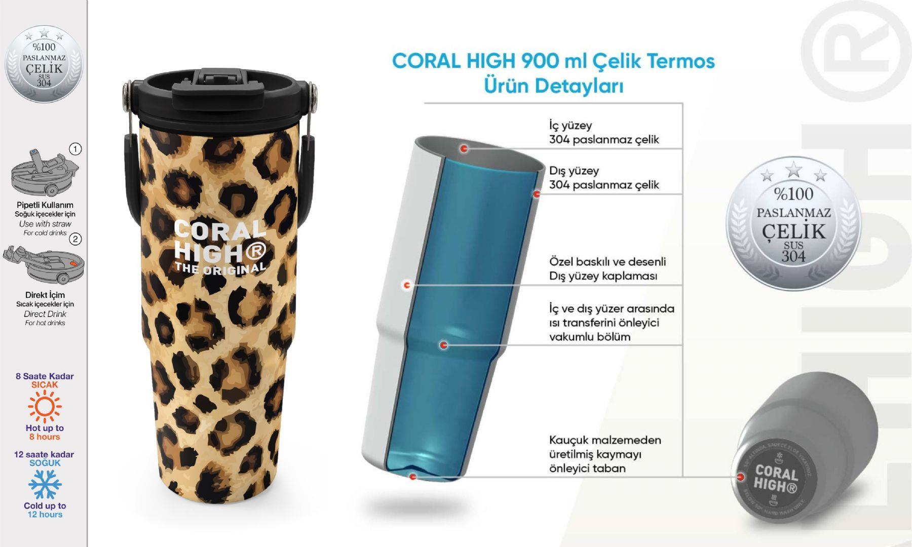 Coral High 900 ml Kız Çocuk Kahverengi Leopar Baskılı Çelik Termos /Matara - 38719