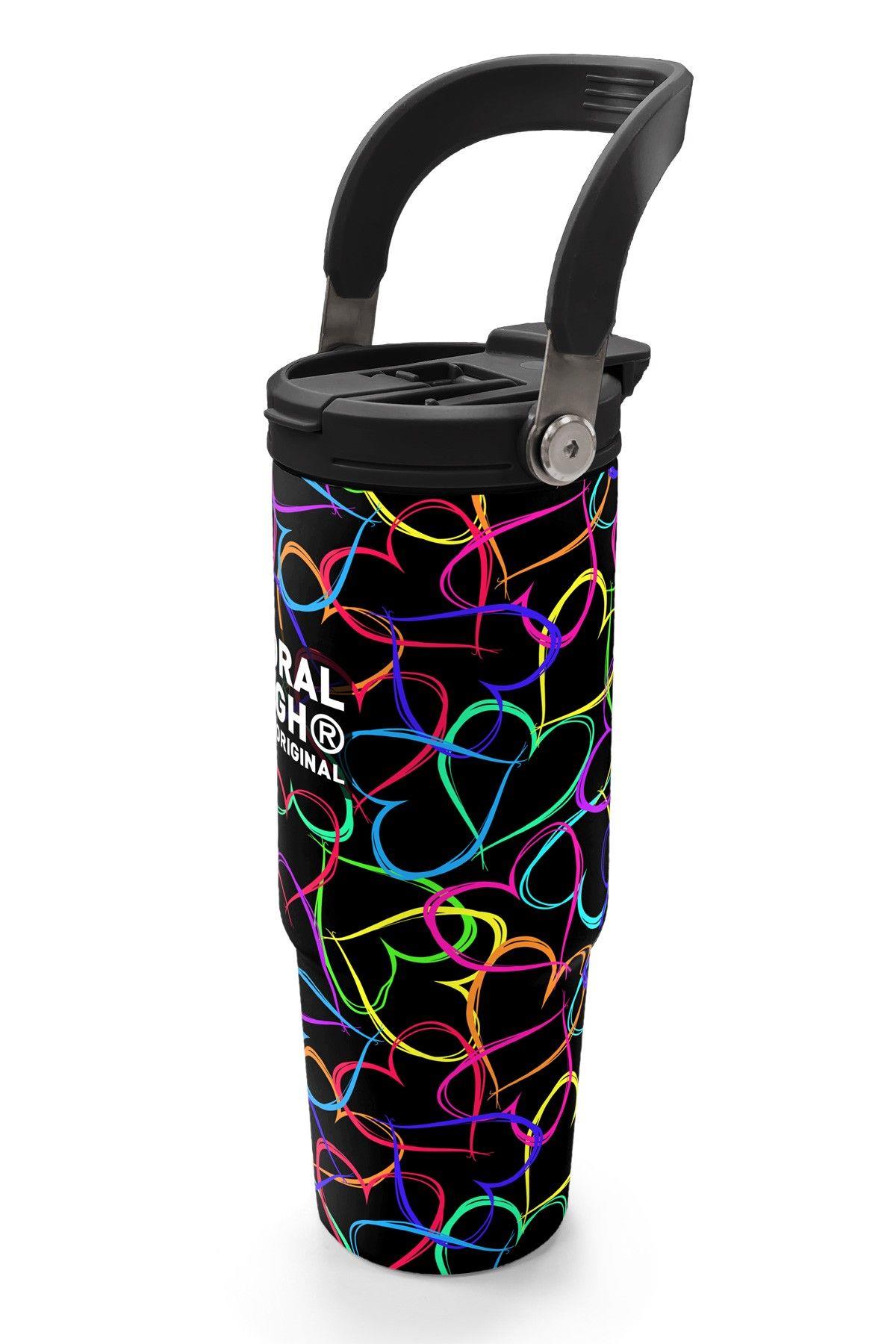 Coral High 900 ml Kız Çocuk Kalp Baskılı Siyah Pembe Çelik Termos /Matara - 38727