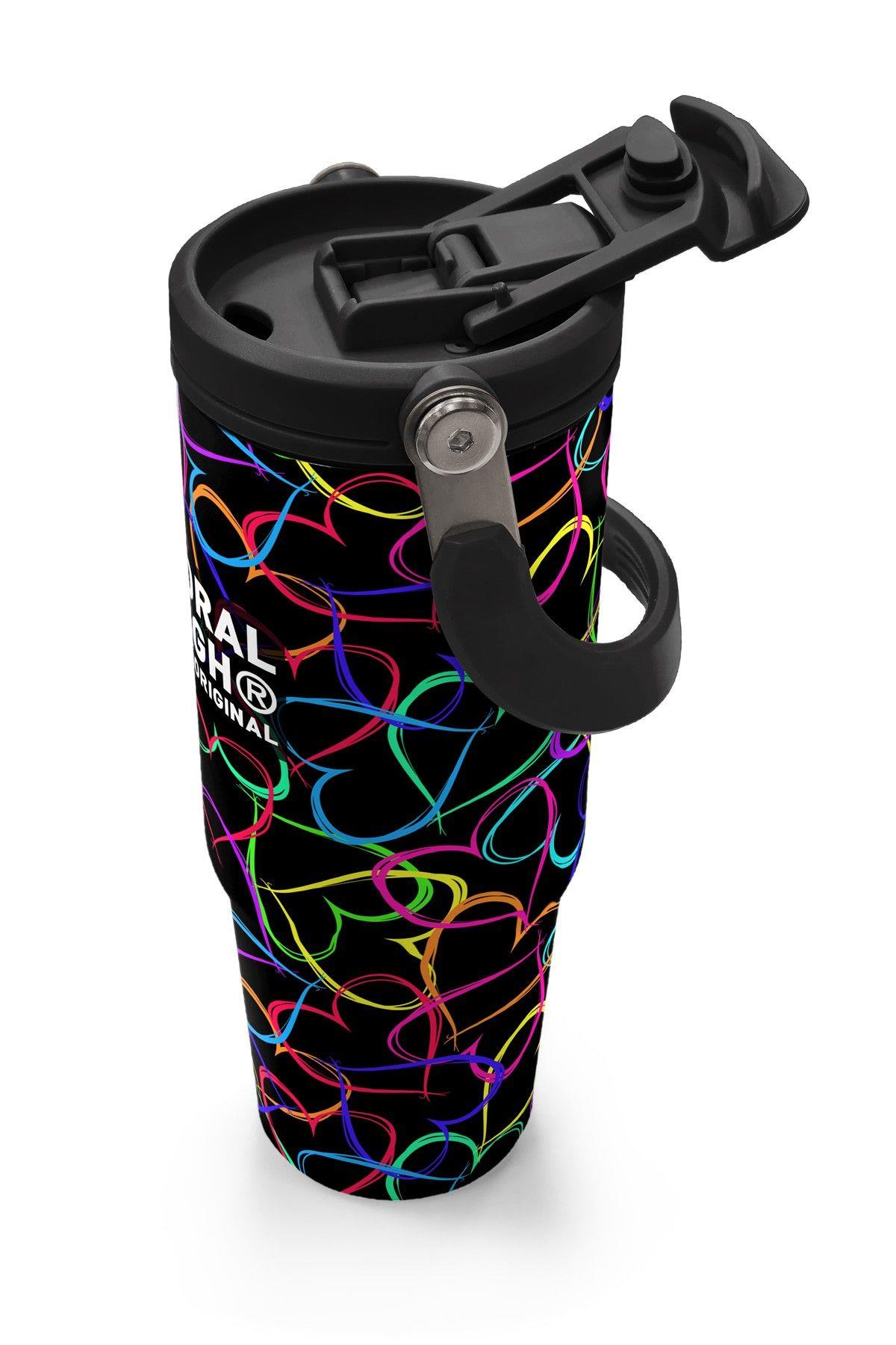 Coral High 900 ml Kız Çocuk Kalp Baskılı Siyah Pembe Çelik Termos /Matara - 38727