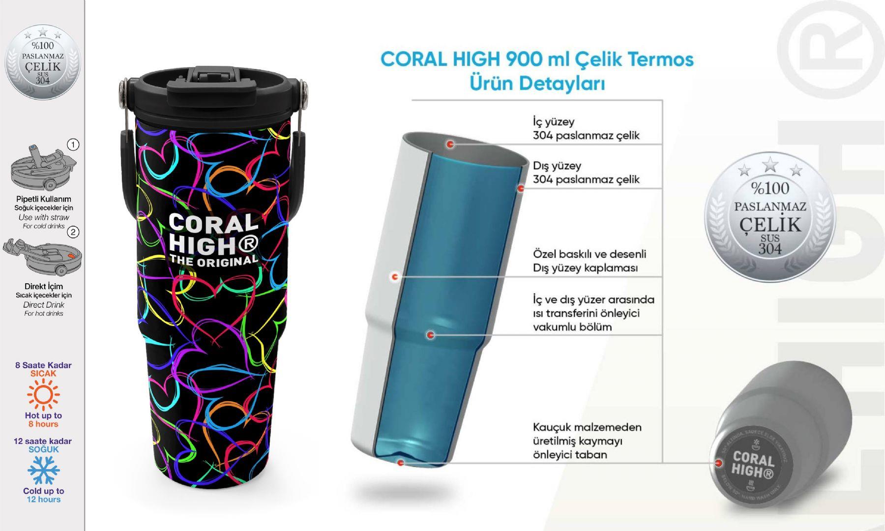 Coral High 900 ml Kız Çocuk Kalp Baskılı Siyah Pembe Çelik Termos /Matara - 38727