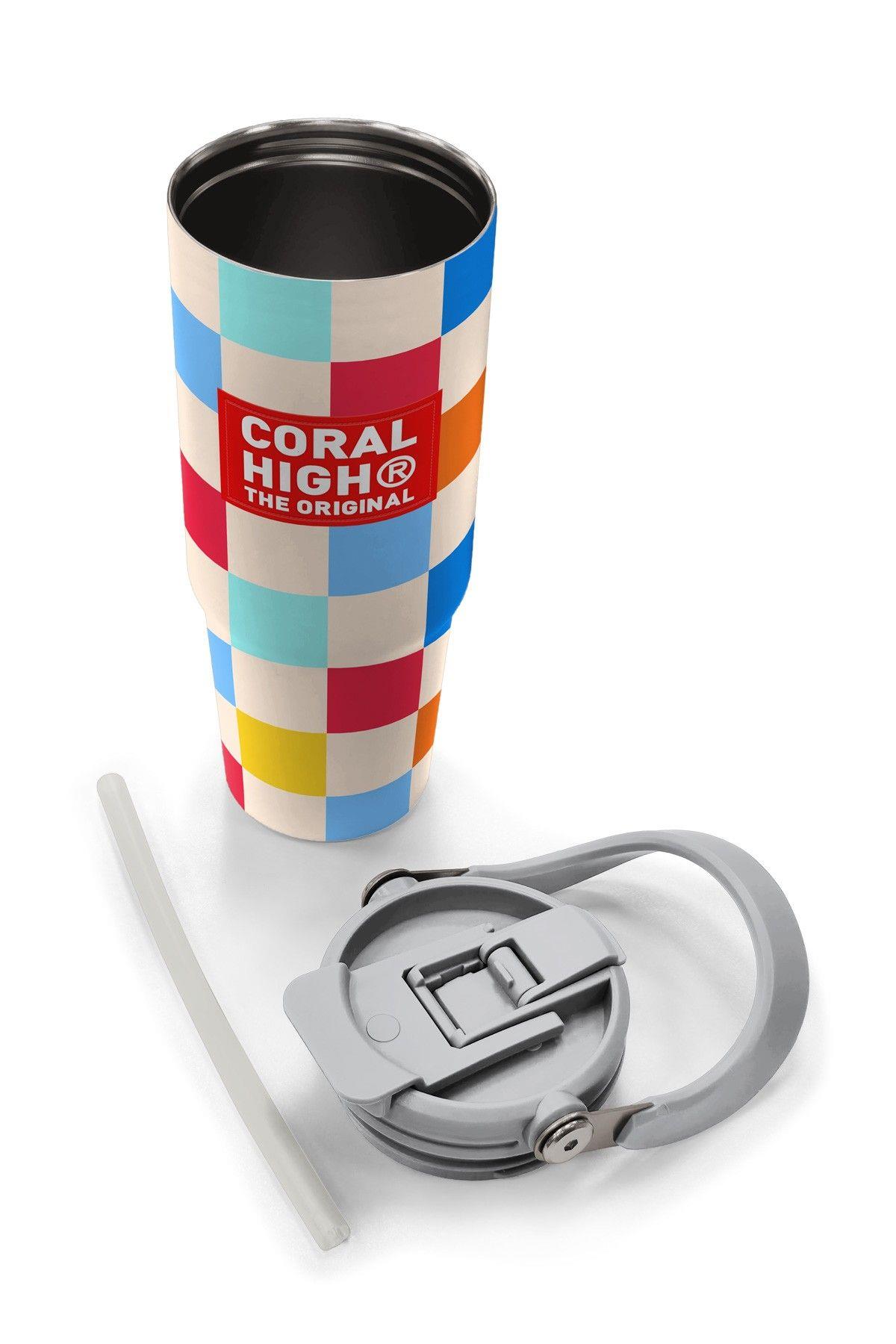 Coral High 900 ml Kız Çocuk Kırmızı Çok Renkli Dama Desenli Çelik Termos /Matara - 38702