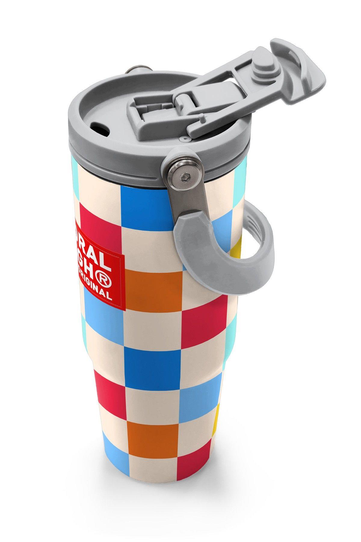 Coral High 900 ml Kız Çocuk Kırmızı Çok Renkli Dama Desenli Çelik Termos /Matara - 38702