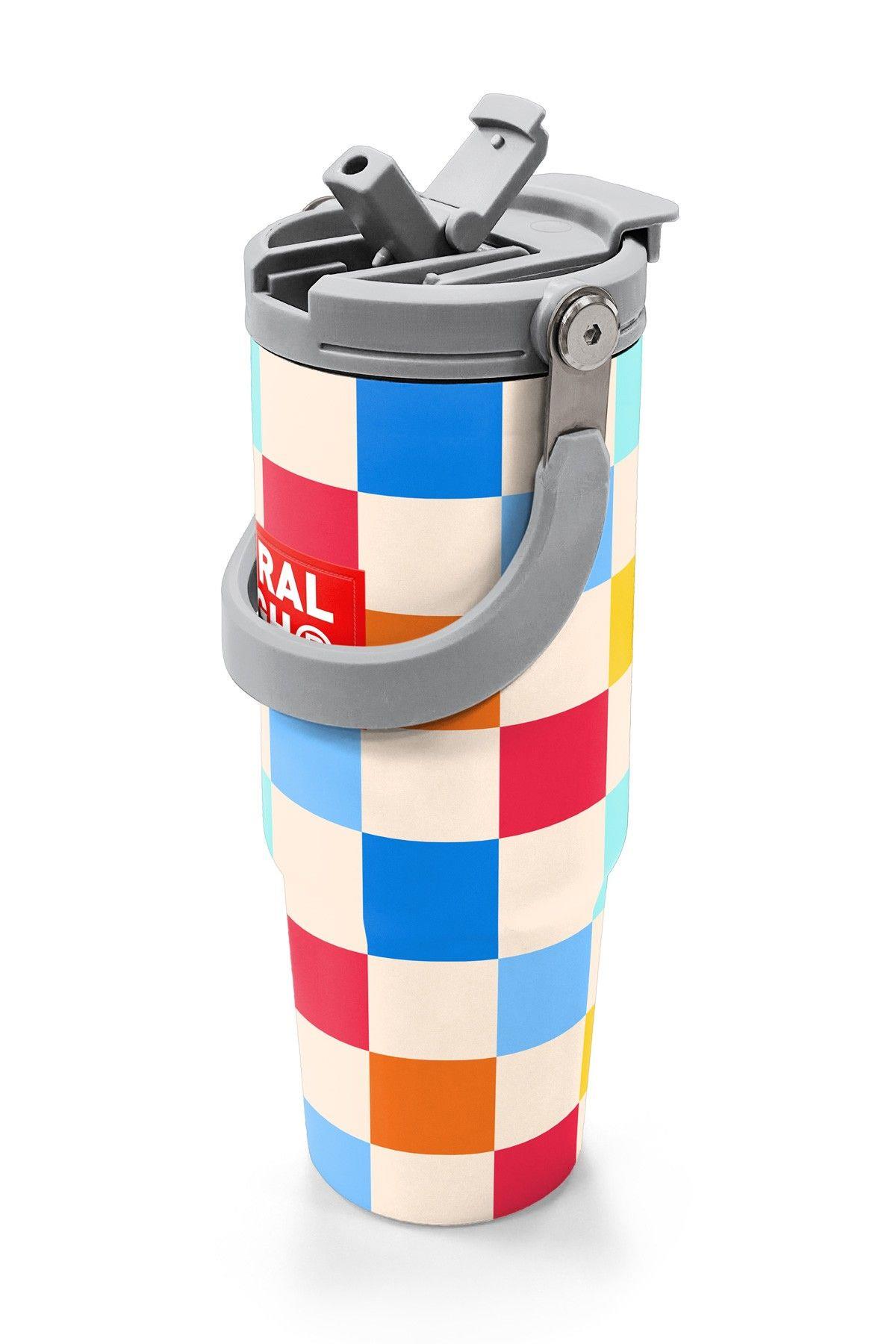 Coral High 900 ml Kız Çocuk Kırmızı Çok Renkli Dama Desenli Çelik Termos /Matara - 38702