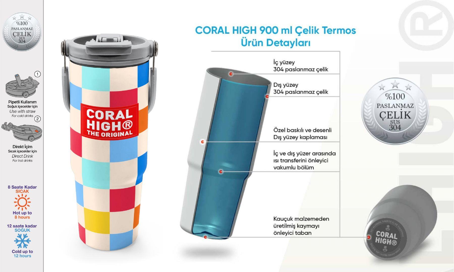 Coral High 900 ml Kız Çocuk Kırmızı Çok Renkli Dama Desenli Çelik Termos /Matara - 38702