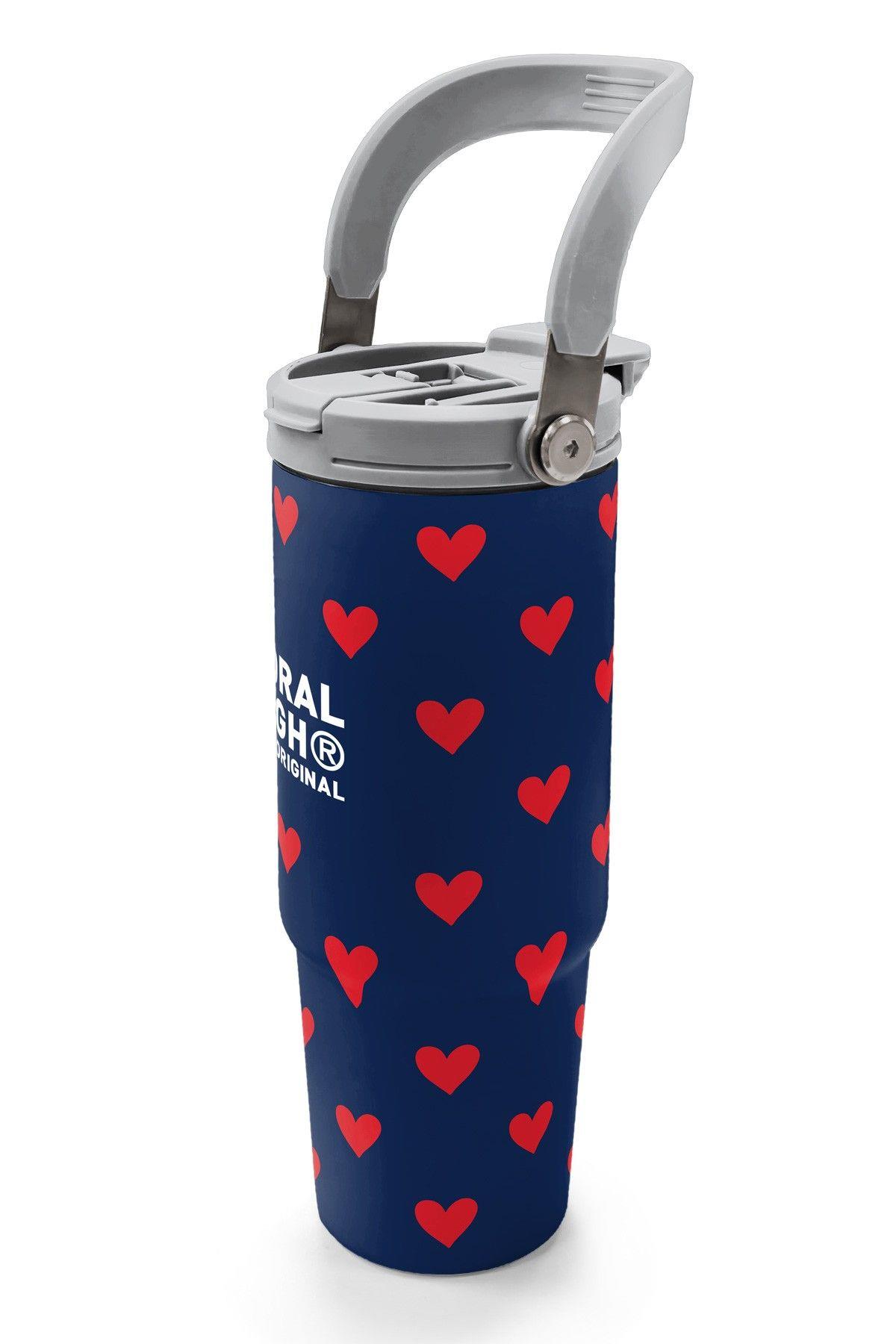Coral High 900 ml Kız Çocuk Lacivert Kırmızı Kalp Desenli Çelik Termos /Matara - 38705