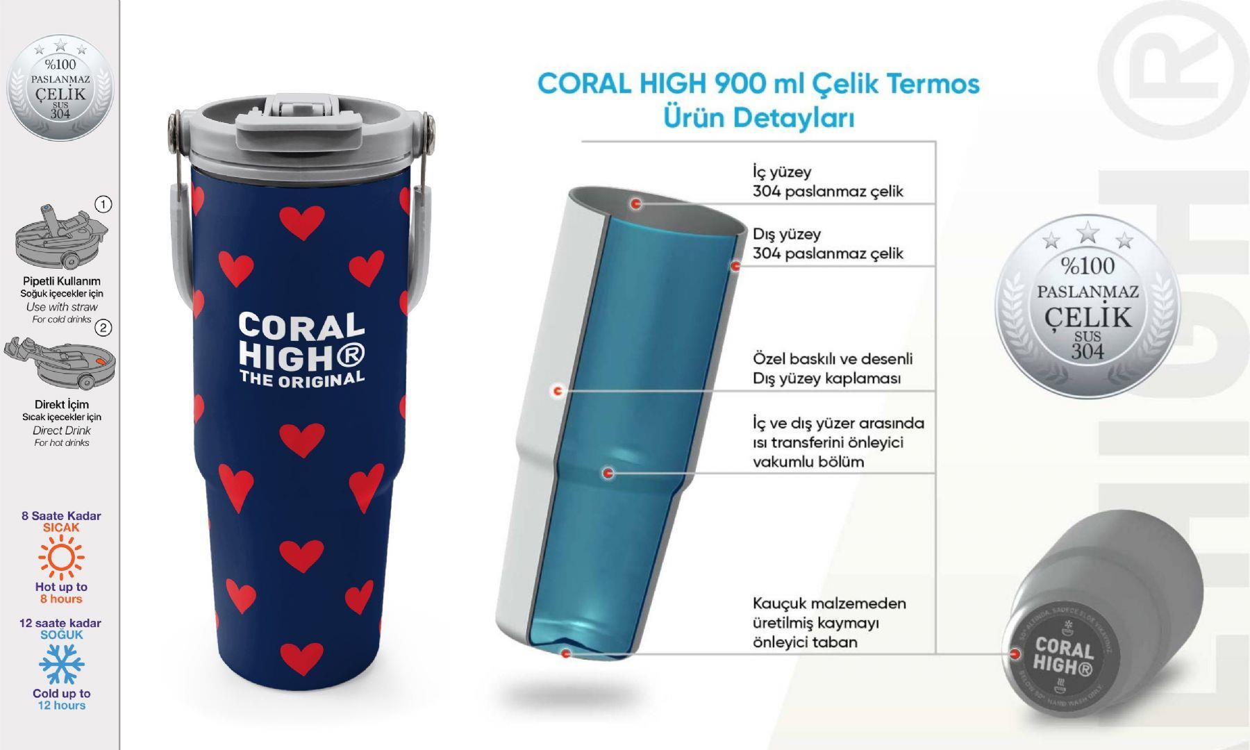 Coral High 900 ml Kız Çocuk Lacivert Kırmızı Kalp Desenli Çelik Termos /Matara - 38705