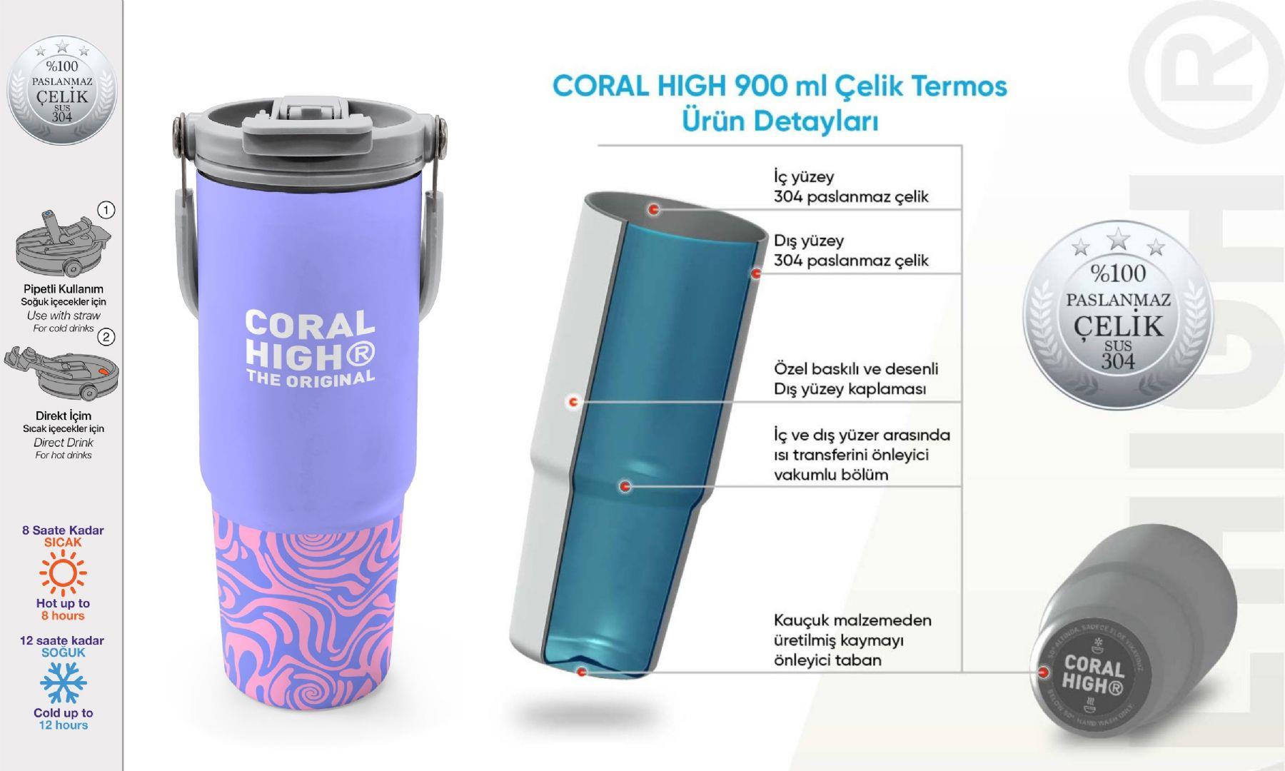 Coral High 900 ml Kız Çocuk Mor Dalga Desenli Çelik Termos /Matara - 38704