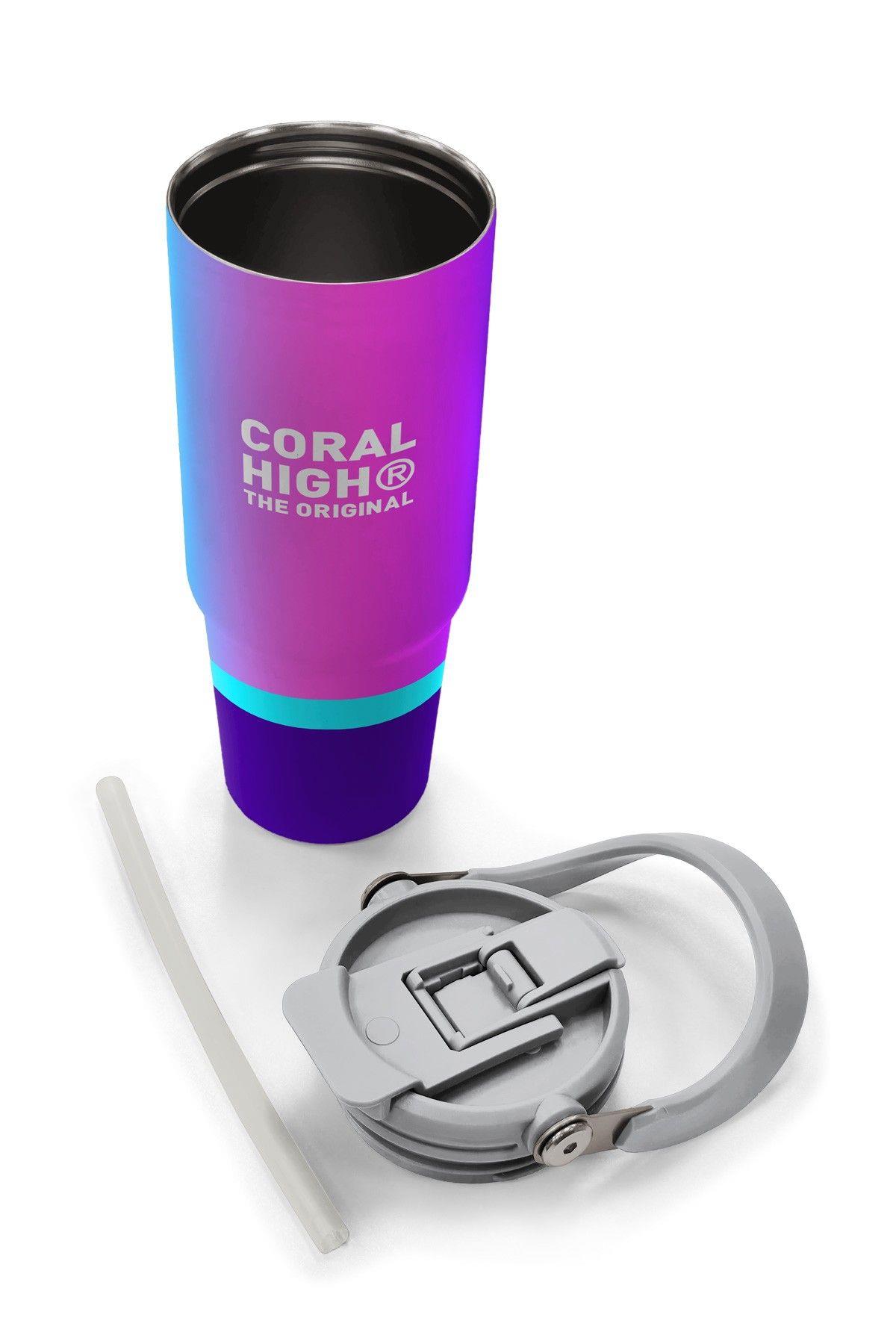 Coral High 900 ml Kız Çocuk Mor Pembe Renkli Çizgili Çelik Termos /Matara - 38723
