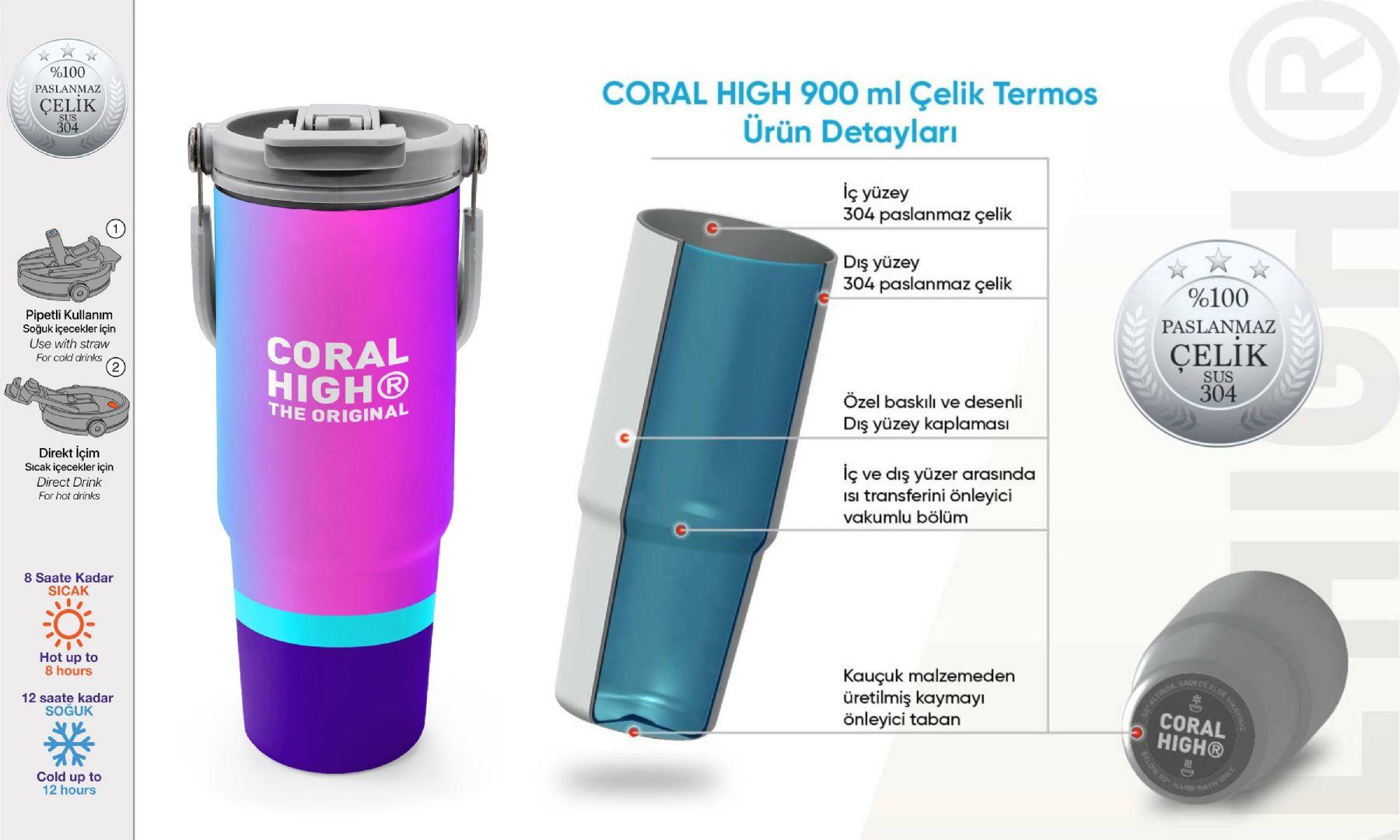 Coral High 900 ml Kız Çocuk Mor Pembe Renkli Çizgili Çelik Termos /Matara - 38723