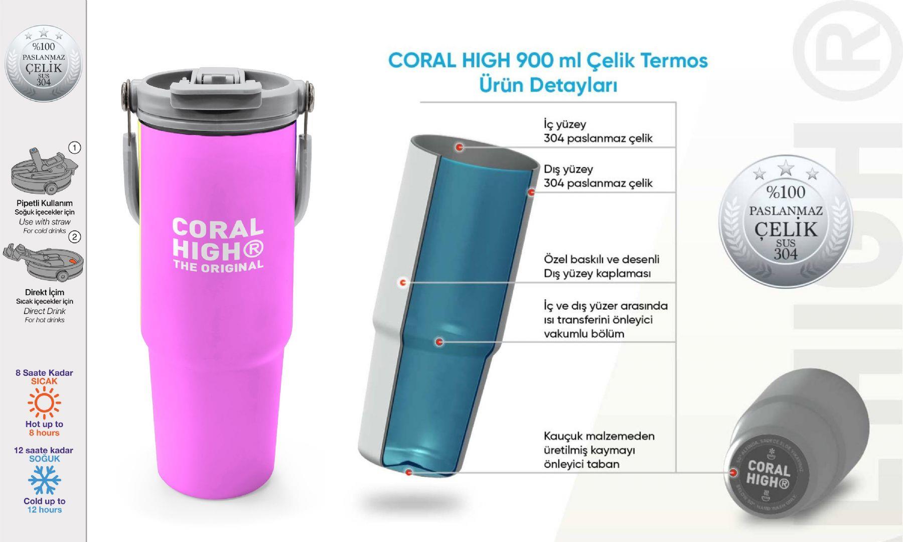 Coral High 900 ml Kız Çocuk Mor Yeşil Pembe Çok Renkli Çelik Termos /Matara - 38716