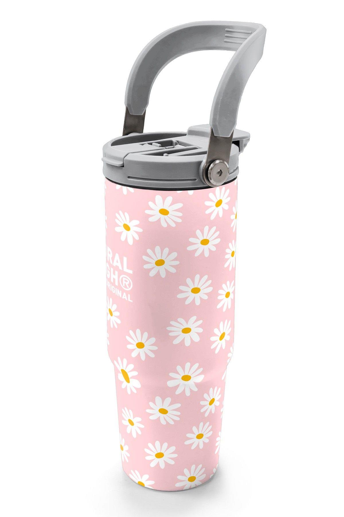 Coral High 900 ml Kız Çocuk Pembe Beyaz Papatya Desenli Çelik Termos /Matara - 38701