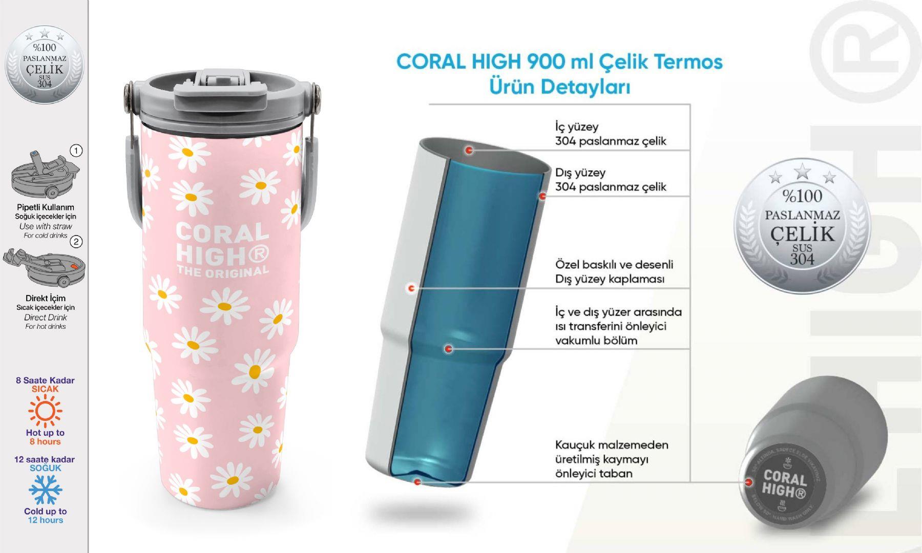 Coral High 900 ml Kız Çocuk Pembe Beyaz Papatya Desenli Çelik Termos /Matara - 38701