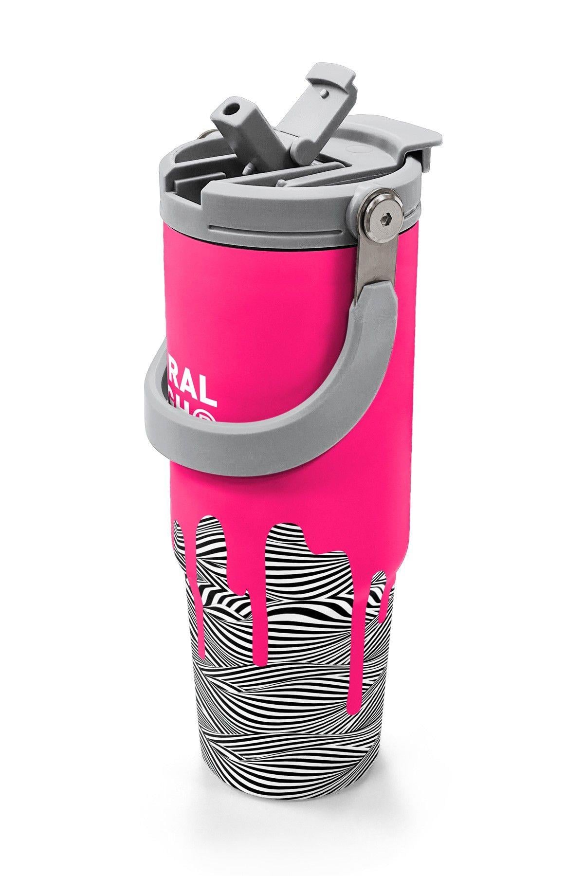 Coral High 900 ml Kız Çocuk Pembe Siyah Beyaz Boya Desenli Çelik Termos /Matara - 38718