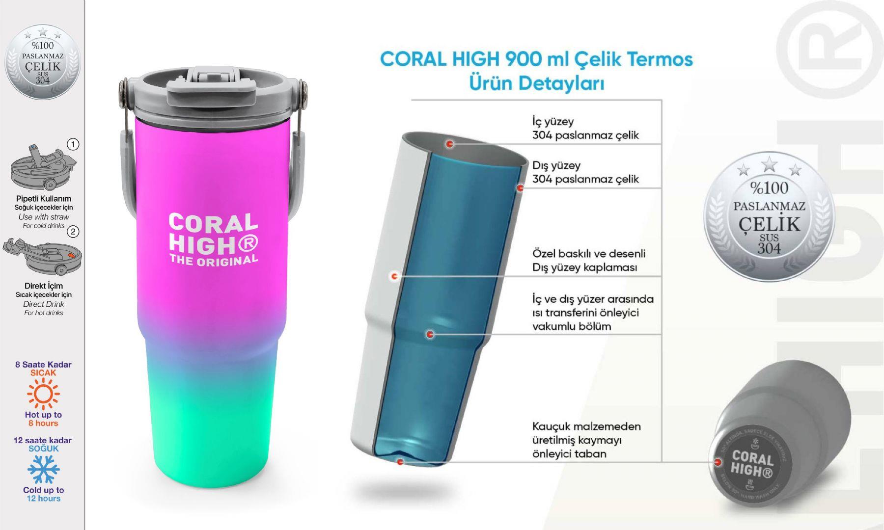 Coral High 900 ml Kız Çocuk Pembe Su Yeşili Renk Geçişli Çelik Termos /Matara - 38724