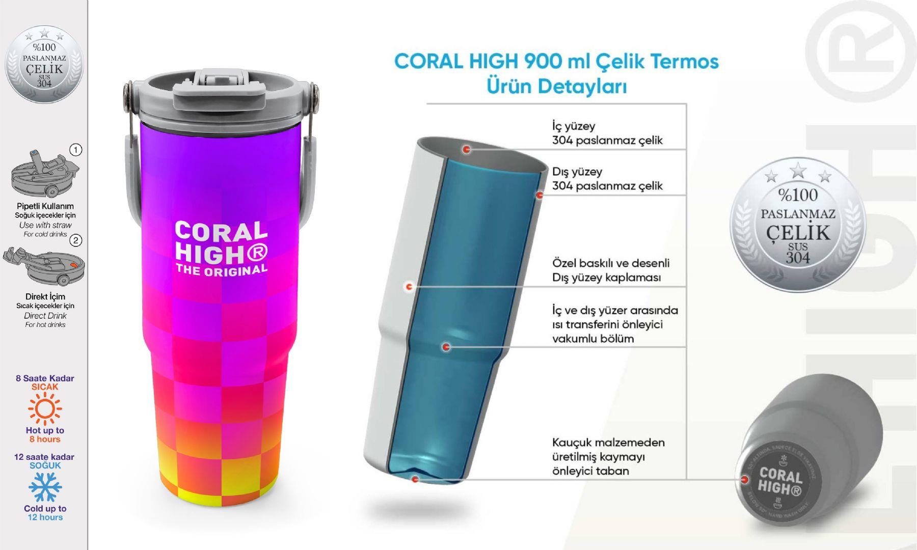Coral High 900 ml Kız Çocuk Sarı Mor Dama Desenli Çelik Termos /Matara - 38729