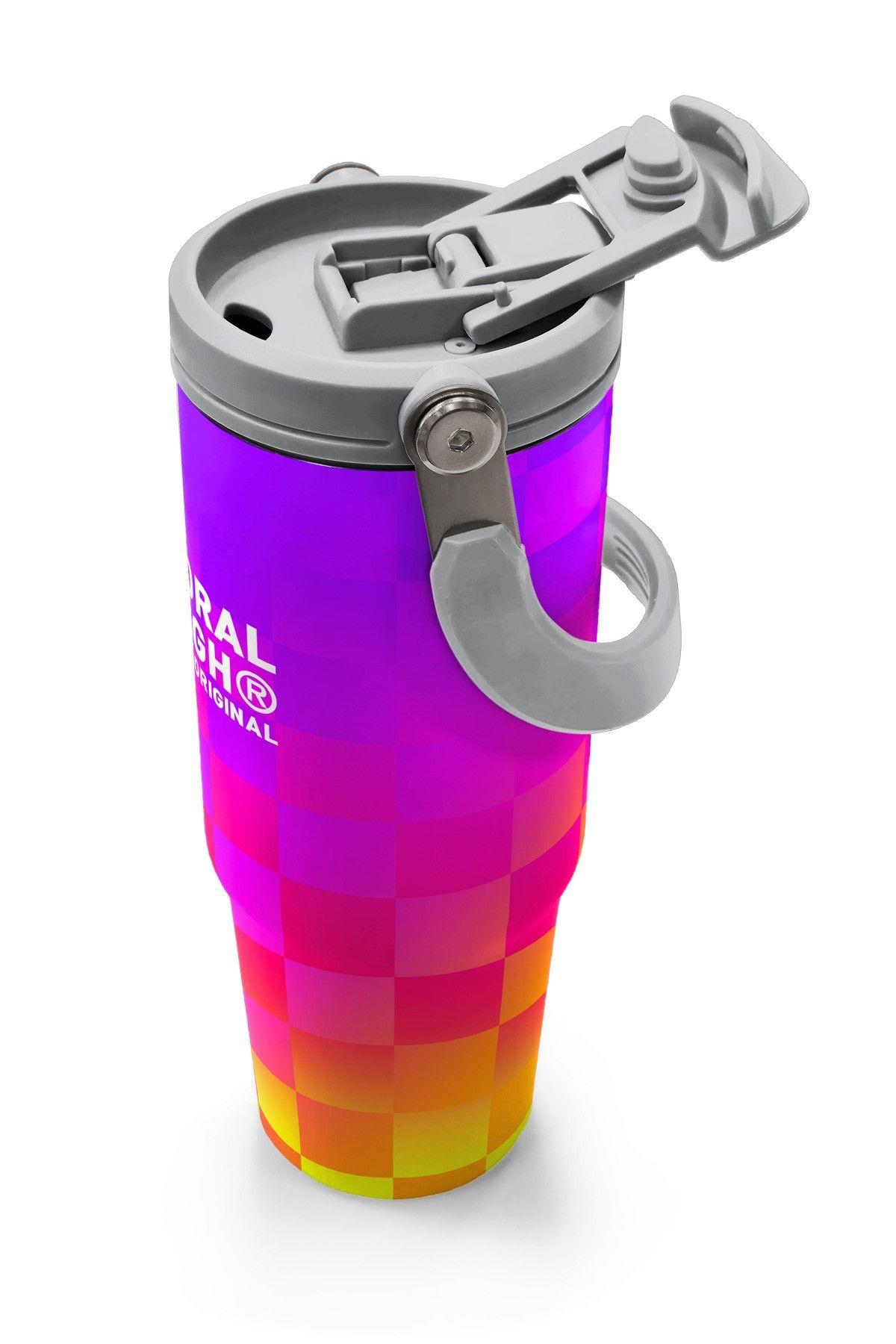 Coral High 900 ml Kız Çocuk Sarı Mor Dama Desenli Çelik Termos /Matara - 38729