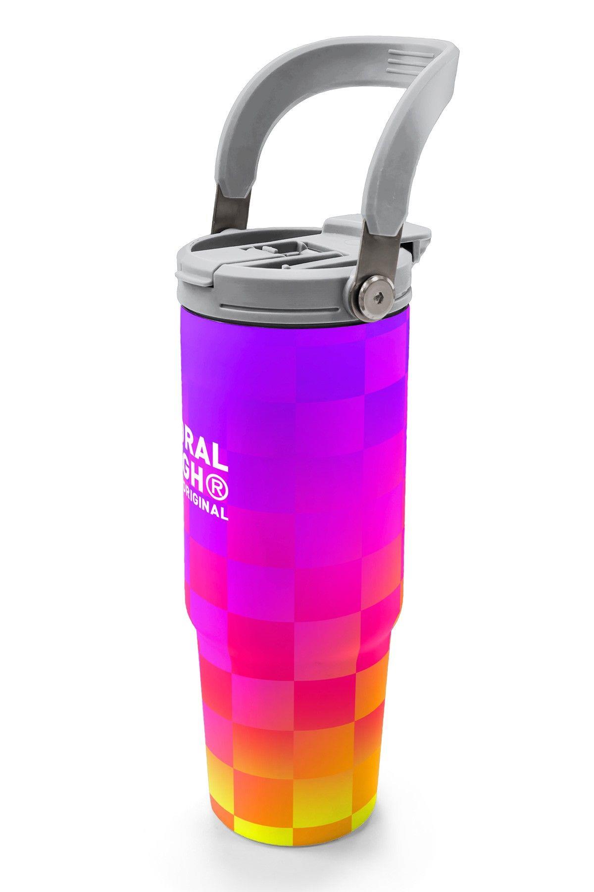 Coral High 900 ml Kız Çocuk Sarı Mor Dama Desenli Çelik Termos /Matara - 38729