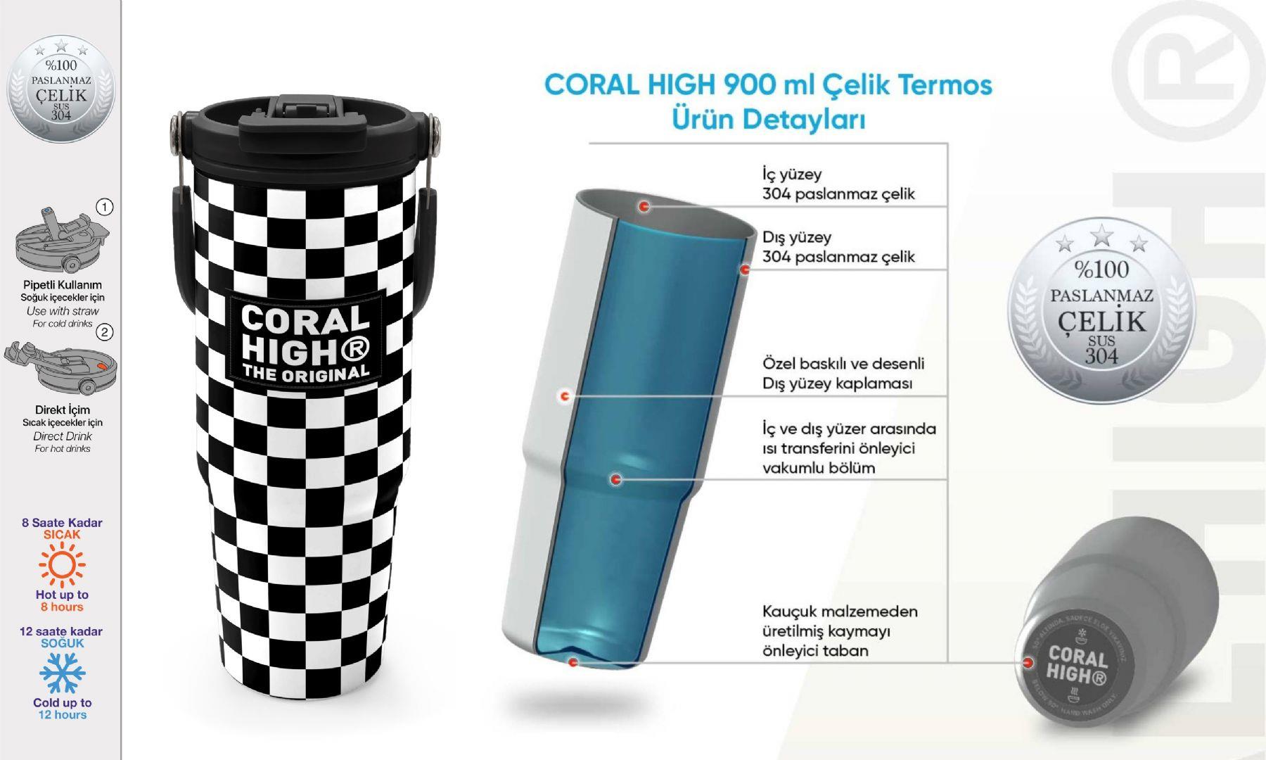 Coral High 900 ml Kız Çocuk Siyah Beyaz Dama Desenli Çelik Termos /Matara - 38717