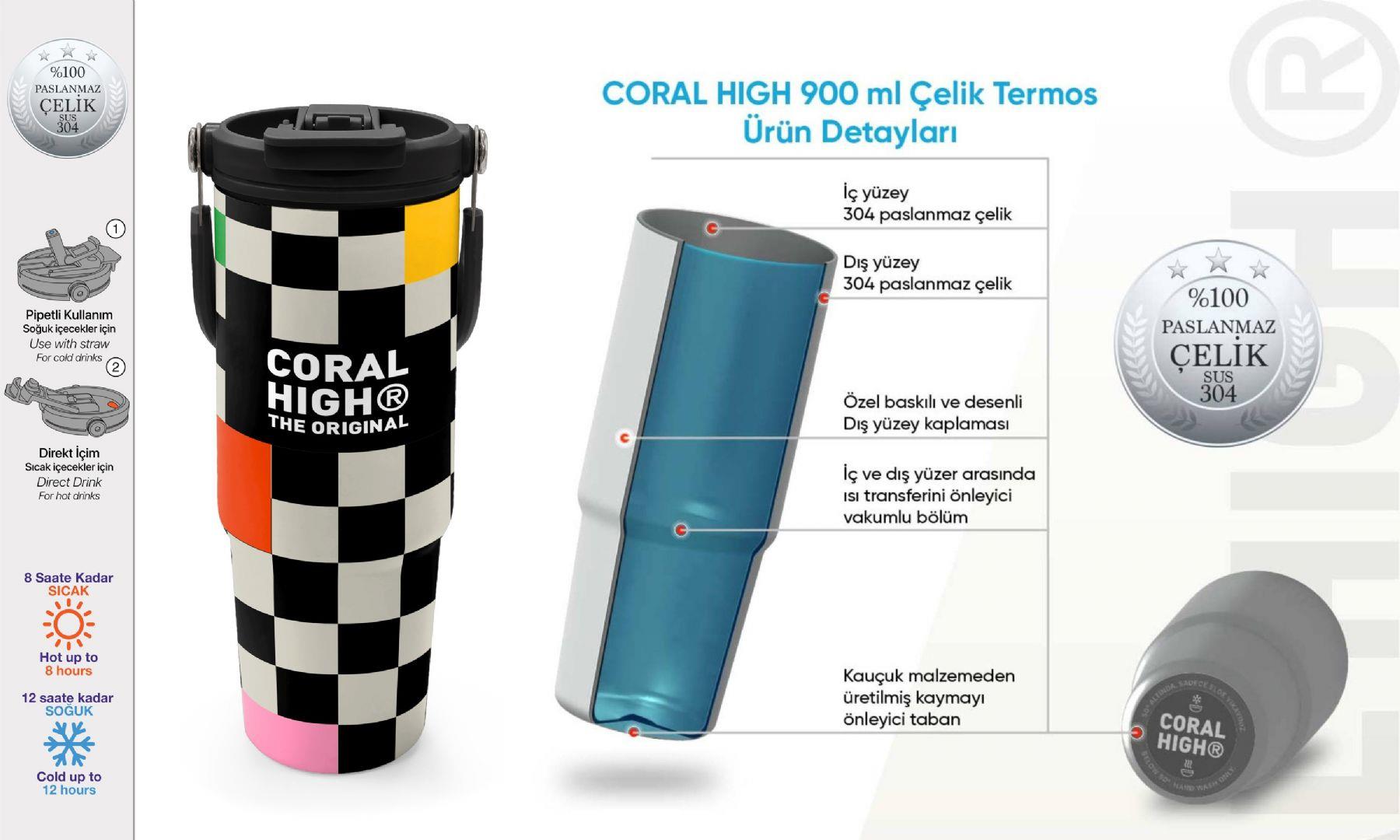 Coral High 900 ml Kız Çocuk Siyah Beyaz Dama Desenli Çelik Termos /Matara - 38703