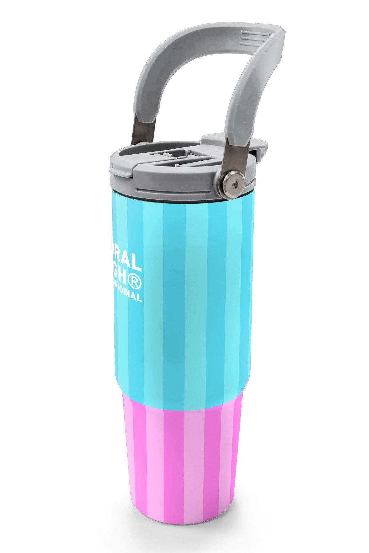 Coral High 900 ml Kız Çocuk Turkuaz Pembe Çizgi Desenli Çelik Termos /Matara - 38747