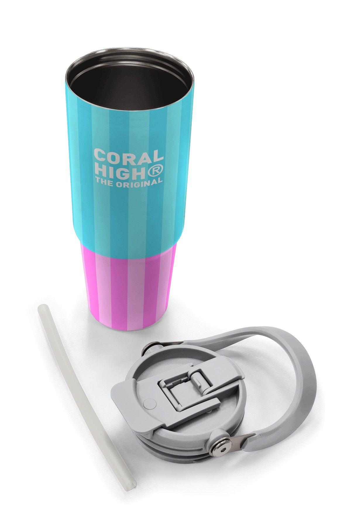 Coral High 900 ml Kız Çocuk Turkuaz Pembe Çizgi Desenli Çelik Termos /Matara - 38747