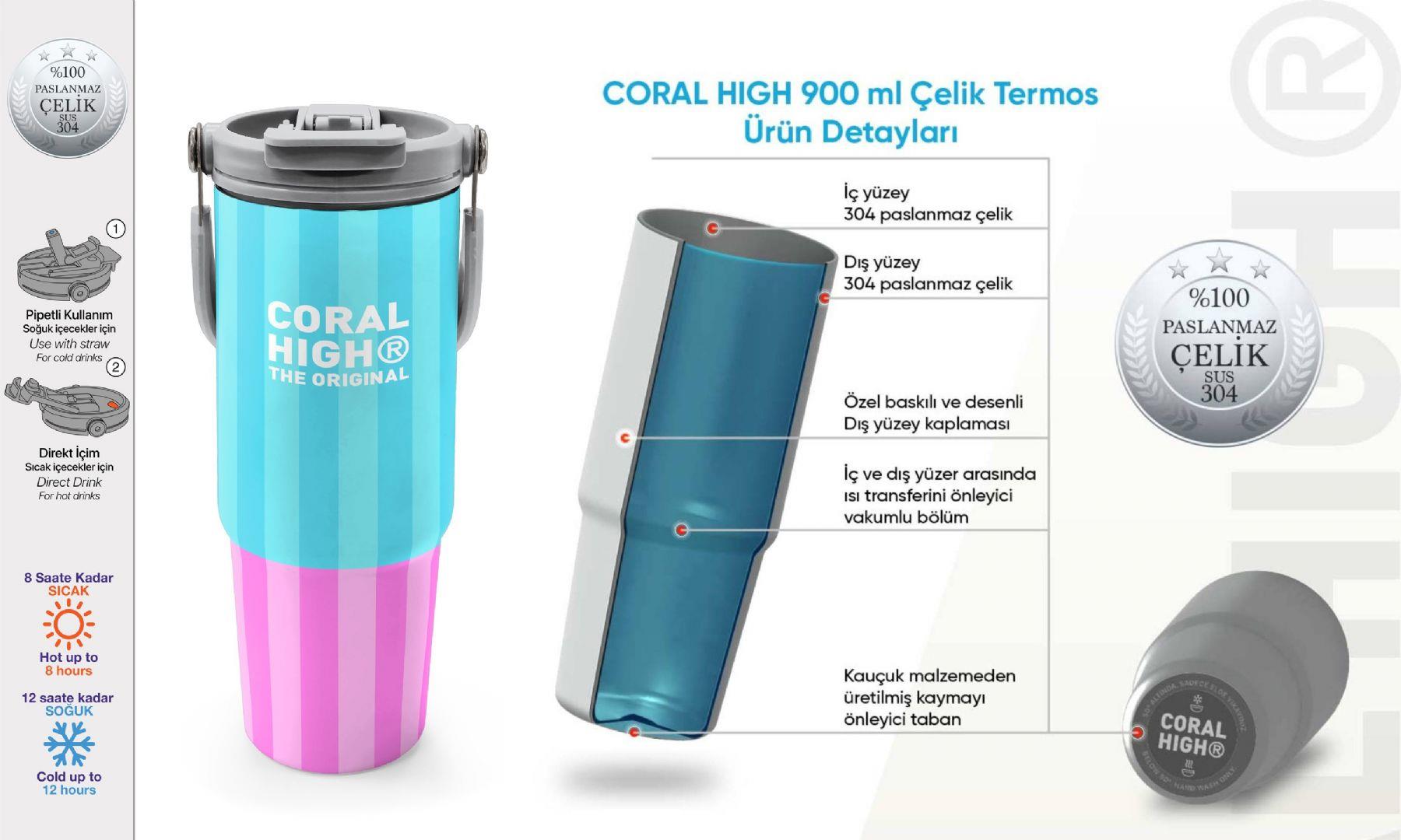 Coral High 900 ml Kız Çocuk Turkuaz Pembe Çizgi Desenli Çelik Termos /Matara - 38747
