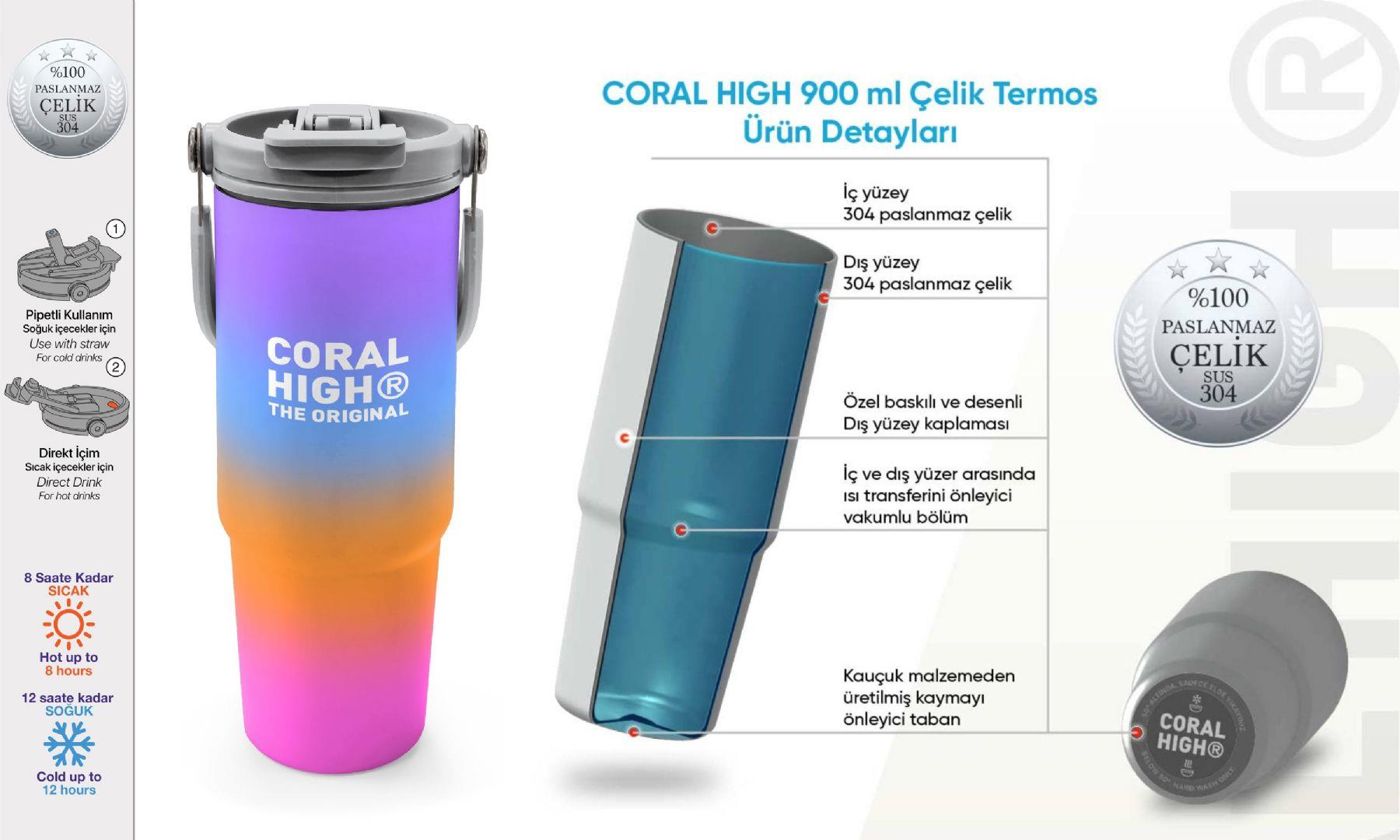 Coral High 900 ml Kız Çocuk Turuncu Mor Renk Geçişli Çelik Termos /Matara - 38715