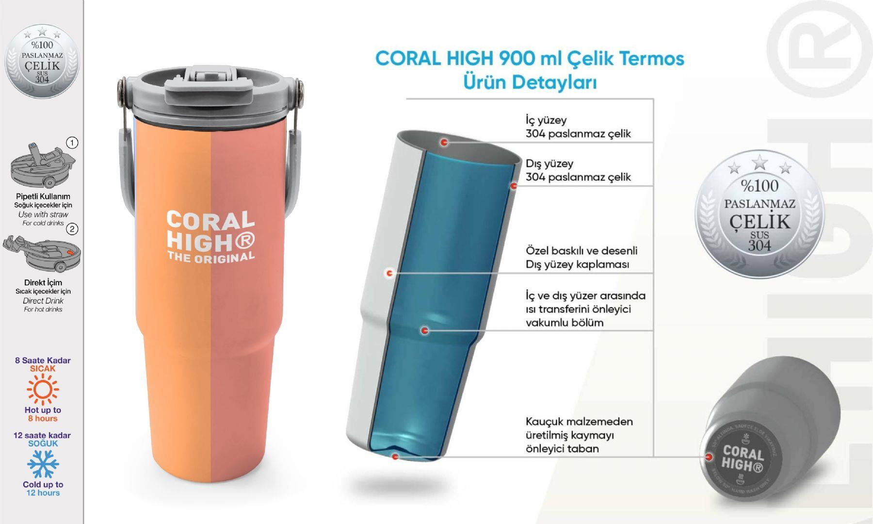 Coral High 900 ml Kız Çocuk Turuncu Sarı Mavi Renkli Çizgili Çelik Termos /Matara - 38746