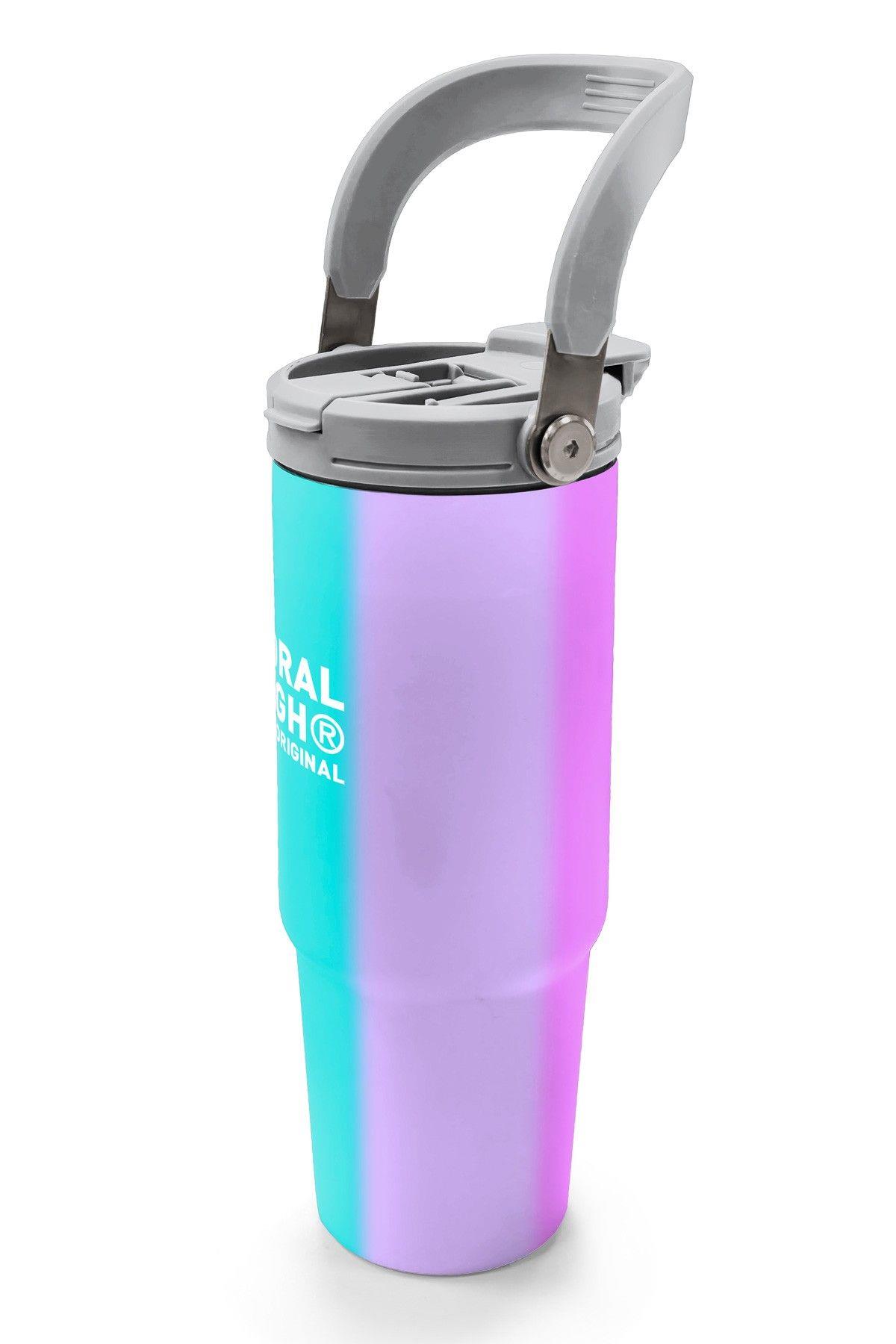 Coral High 900 ml Kız Çocuk Yeşil Pembe Sarı Çizgi Desenli Çelik Termos /Matara - 38708