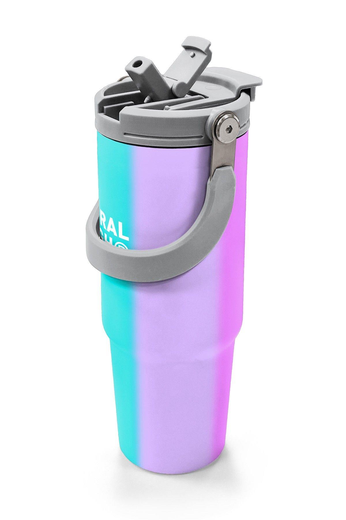 Coral High 900 ml Kız Çocuk Yeşil Pembe Sarı Çizgi Desenli Çelik Termos /Matara - 38708