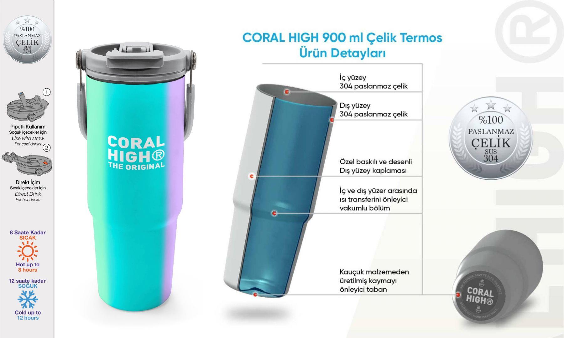 Coral High 900 ml Kız Çocuk Yeşil Pembe Sarı Çizgi Desenli Çelik Termos /Matara - 38708