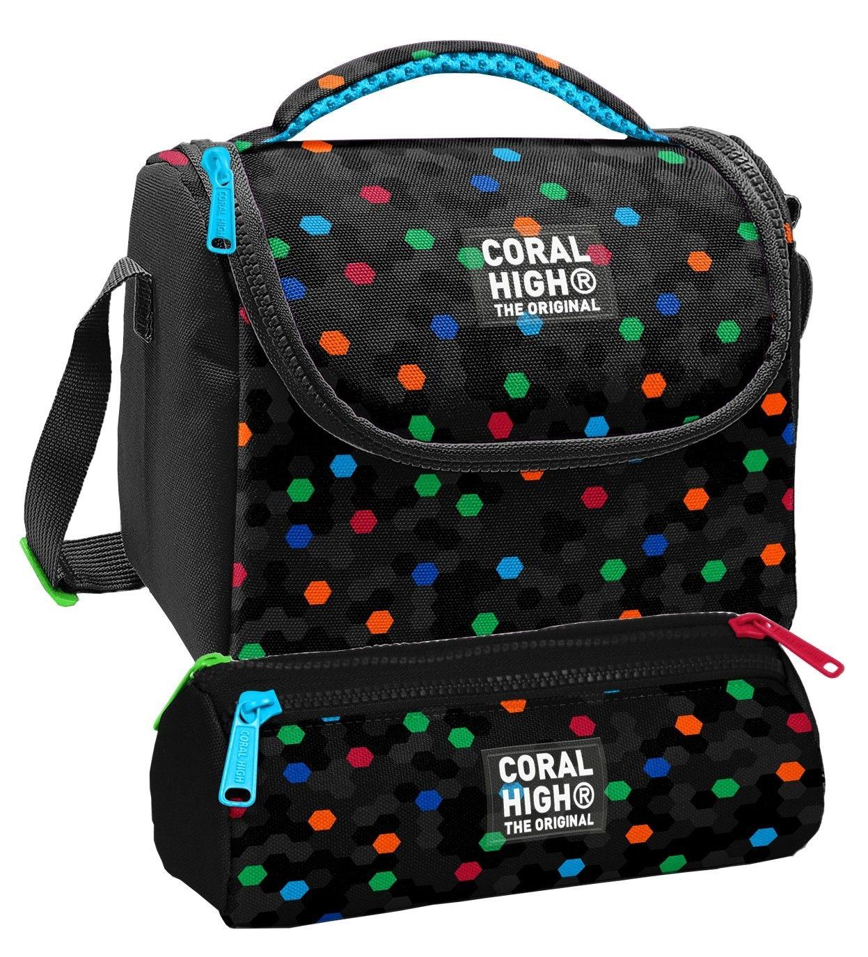 Coral High Beslenme Çantası ve Üç Gözlü Kalemlik Seti - Siyah Petek Desenli Erkek Çocuk 37110