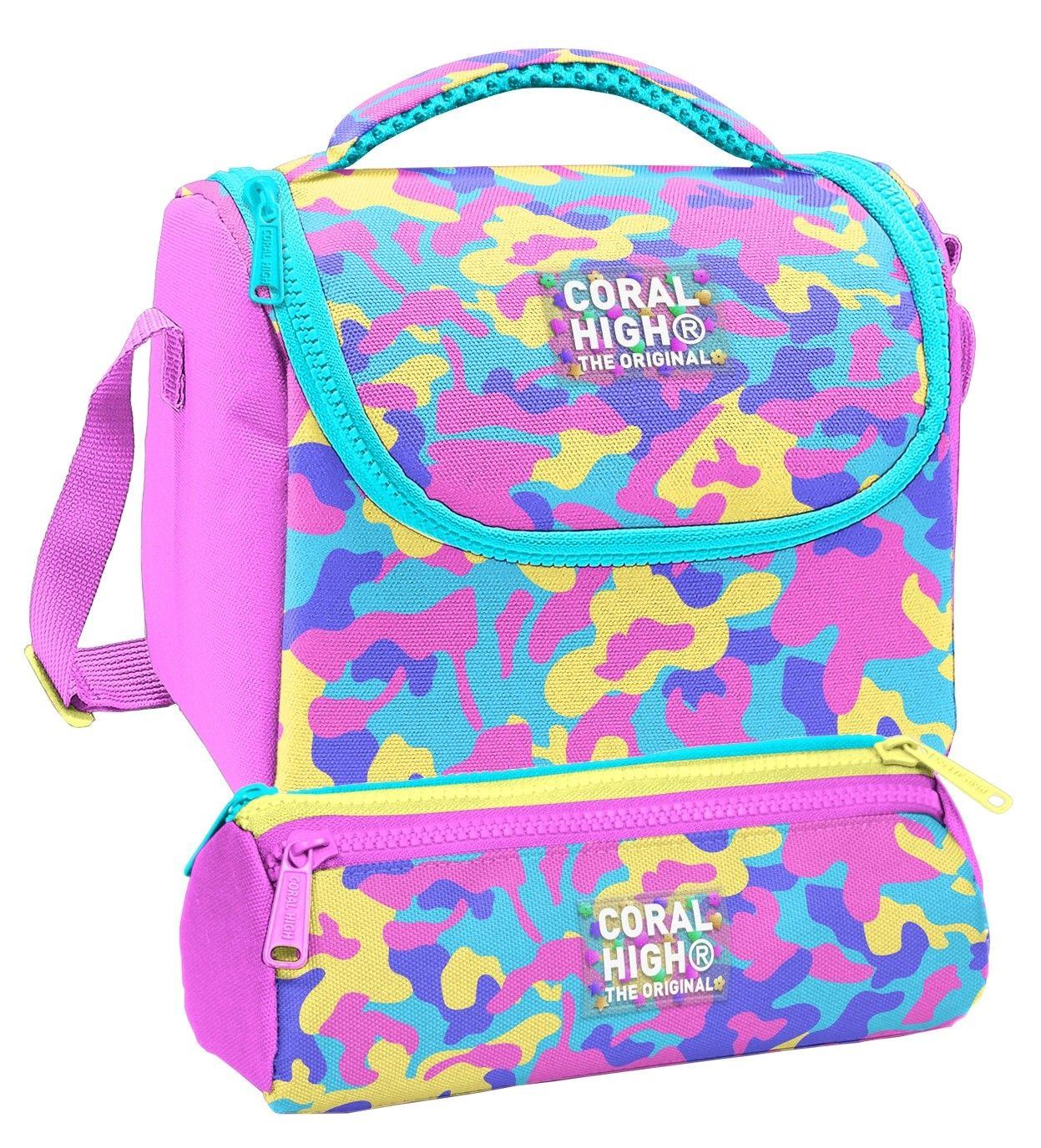 Coral High Beslenme Çantası ve Üç Gözlü Kalemlik Seti - Pembe Sarı Kamuflaj Kız Çocuk 37101