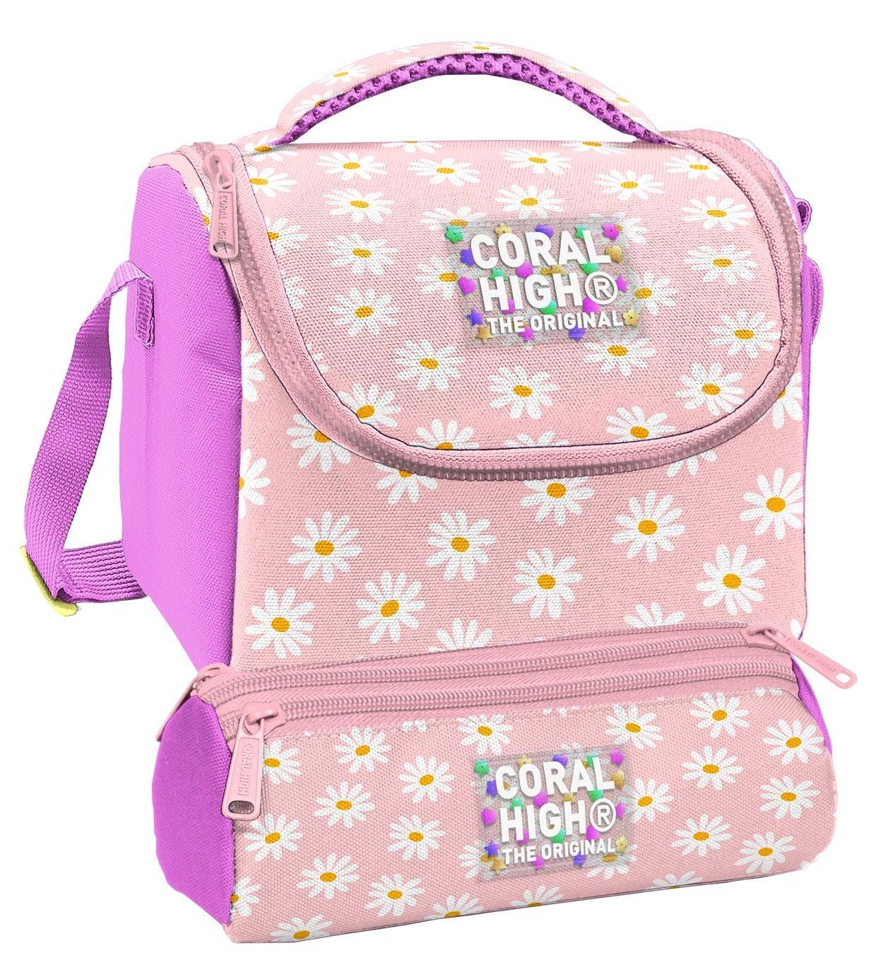 Coral High Beslenme Çantası ve Üç Gözlü Kalemlik Seti - Pembe Beyaz Papatya Desenli Kız Çocuk 37124