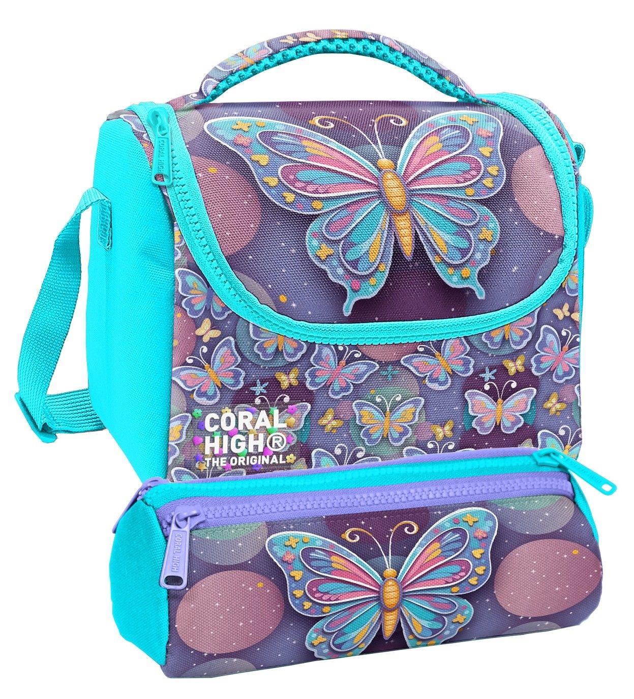 Coral High Beslenme Çantası ve Üç Gözlü Kalemlik Seti - Pastel Renkli Kelebek Desenli Kız Çocuk 37106