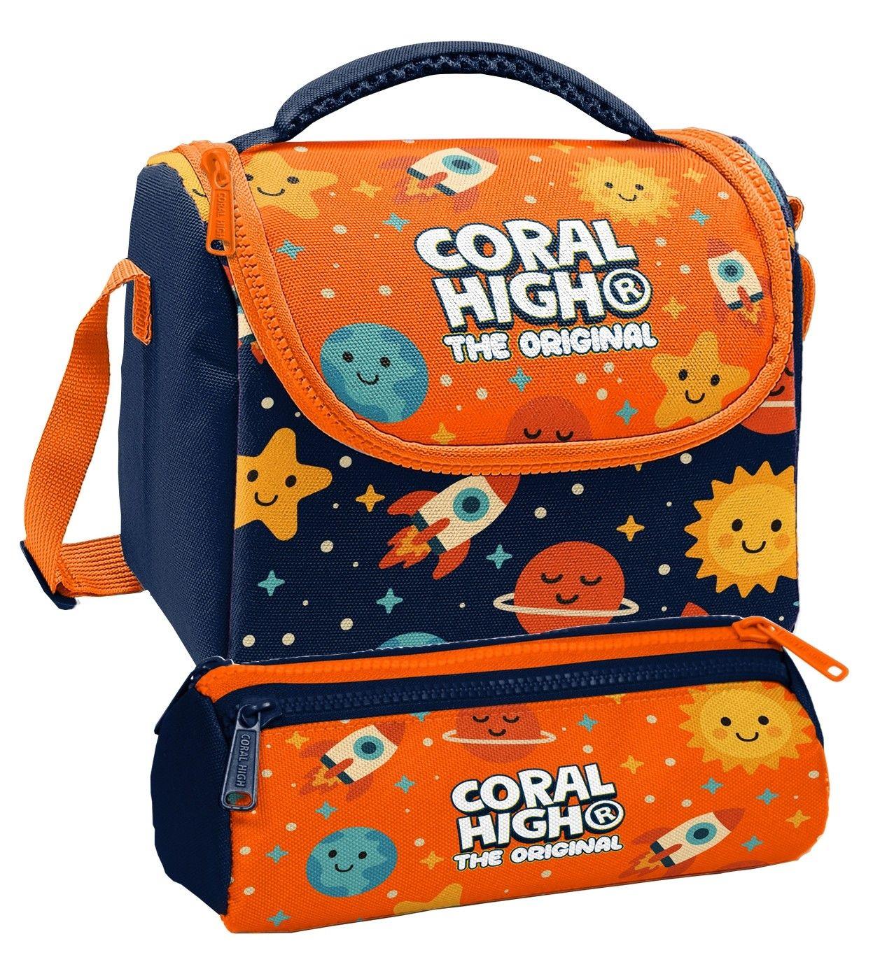 Coral High Beslenme Çantası ve Üç Gözlü Kalemlik Seti - Lacivert Turuncu Uzay Baskılı Erkek Çocuk 37160