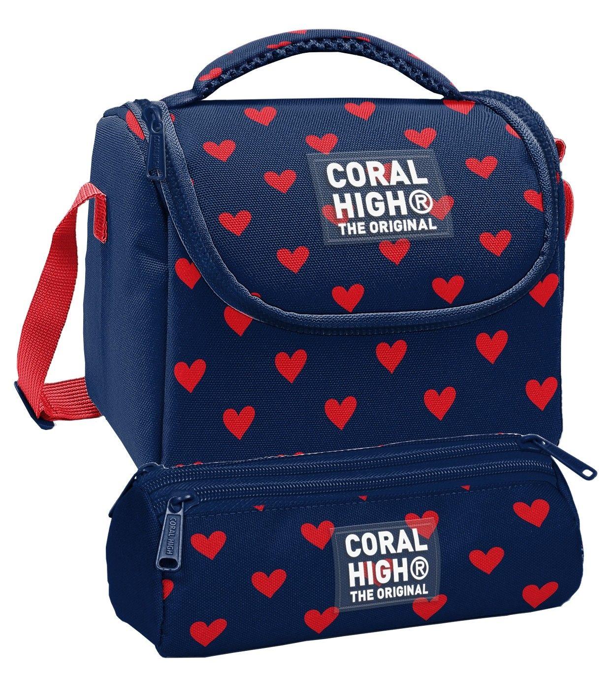 Coral High Beslenme Çantası ve Üç Gözlü Kalemlik Seti - Lacivert Kırmızı Kalp Desenli Kız Çocuk 37129