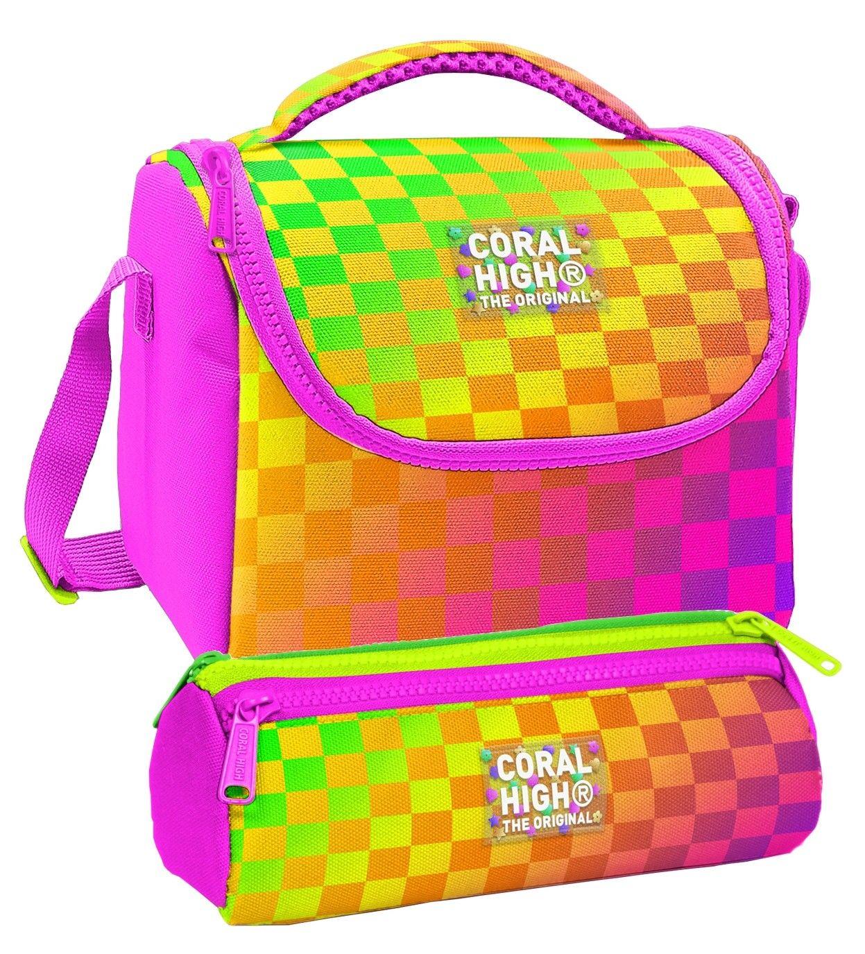 Coral High Beslenme Çantası ve Üç Gözlü Kalemlik Seti - Sarı Mor Dama Desenli Kız Çocuk 37103