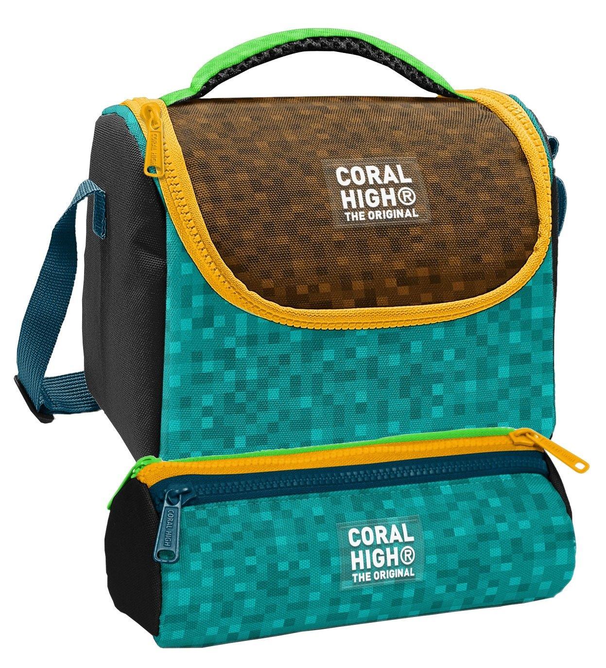 Coral High Beslenme Çantası ve Üç Gözlü Kalemlik Seti - Siyah Yeşil Kahverengi Craft Desenli Erkek Çocuk 37116