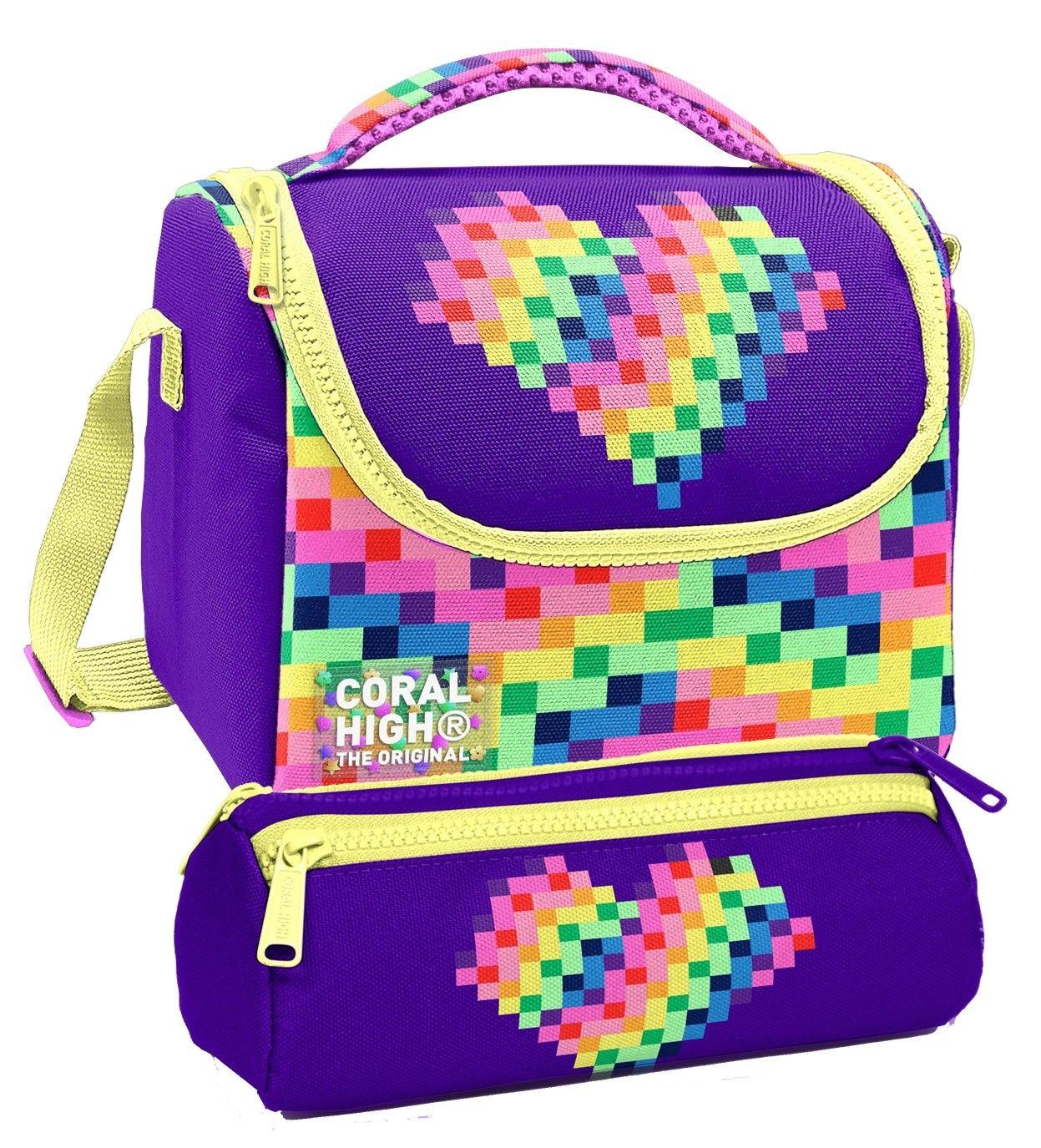 Coral High Beslenme Çantası ve Üç Gözlü Kalemlik Seti - Mor Piksel Kalp Desenli Kız Çocuk 37108