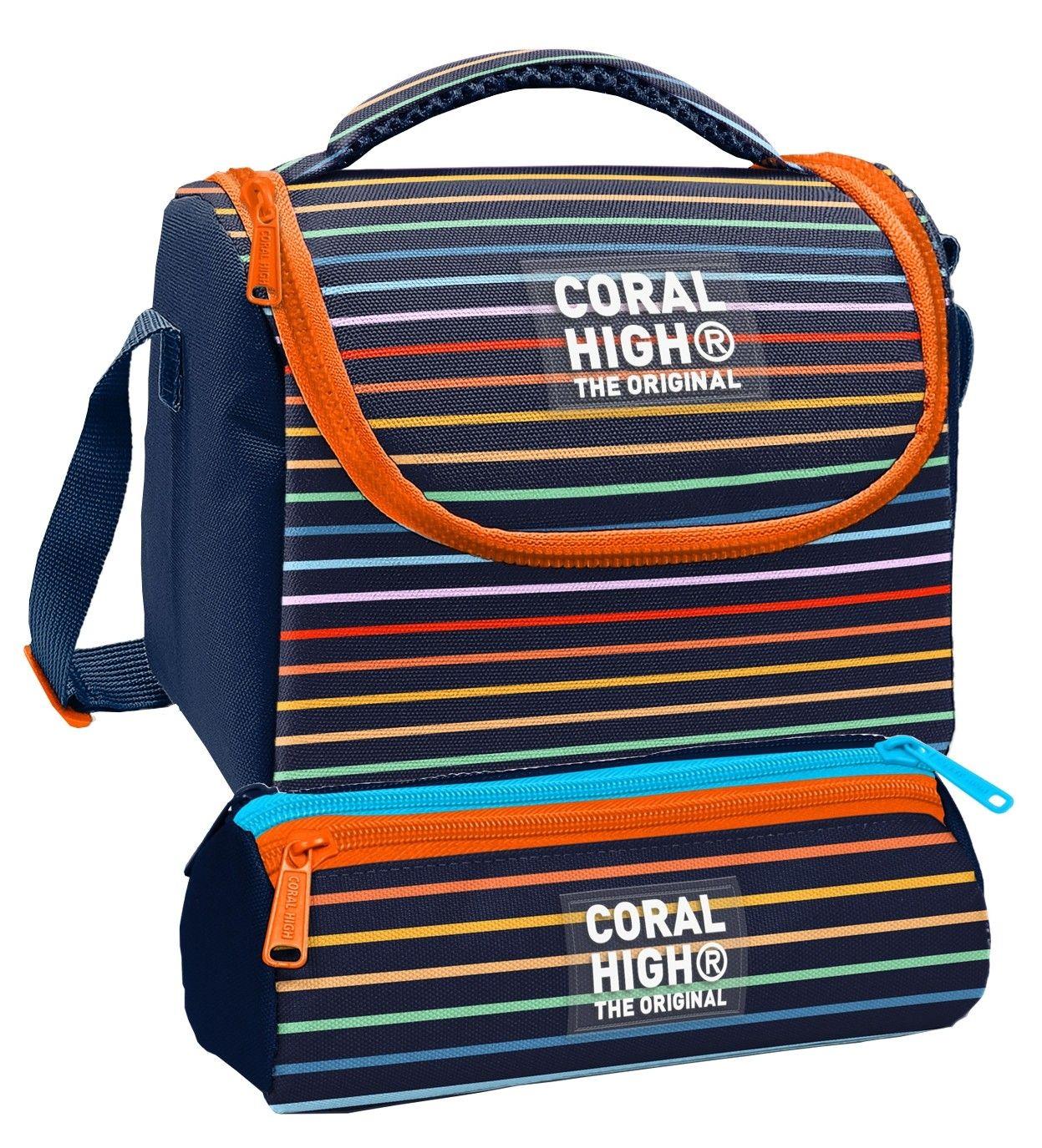 Coral High Beslenme Çantası ve Üç Gözlü Kalemlik Seti - Çok Renkli Çizgi Desenli Erkek Çocuk 37131