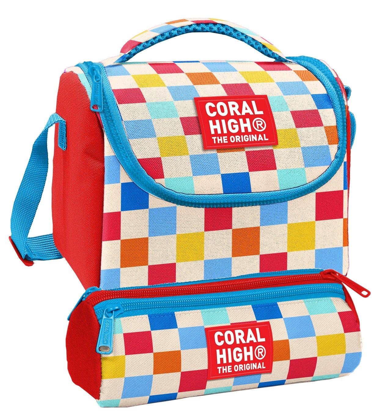 Coral High Beslenme Çantası ve Üç Gözlü Kalemlik Seti - Kırmızı Çok Renkli Dama Desenli Kız Çocuk 37125