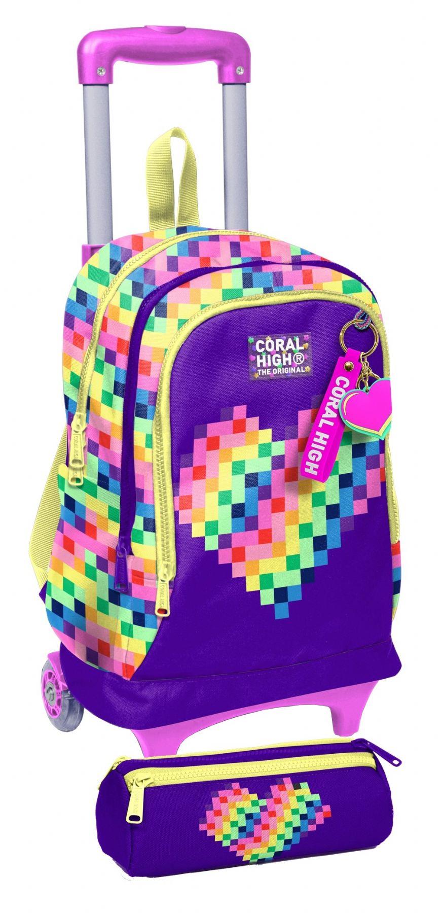 Coral High Çekçek Tekerlekli (Işıklı) Çanta ve Kalemlik - Kız Çocuk - Mor Piksel Kalp
