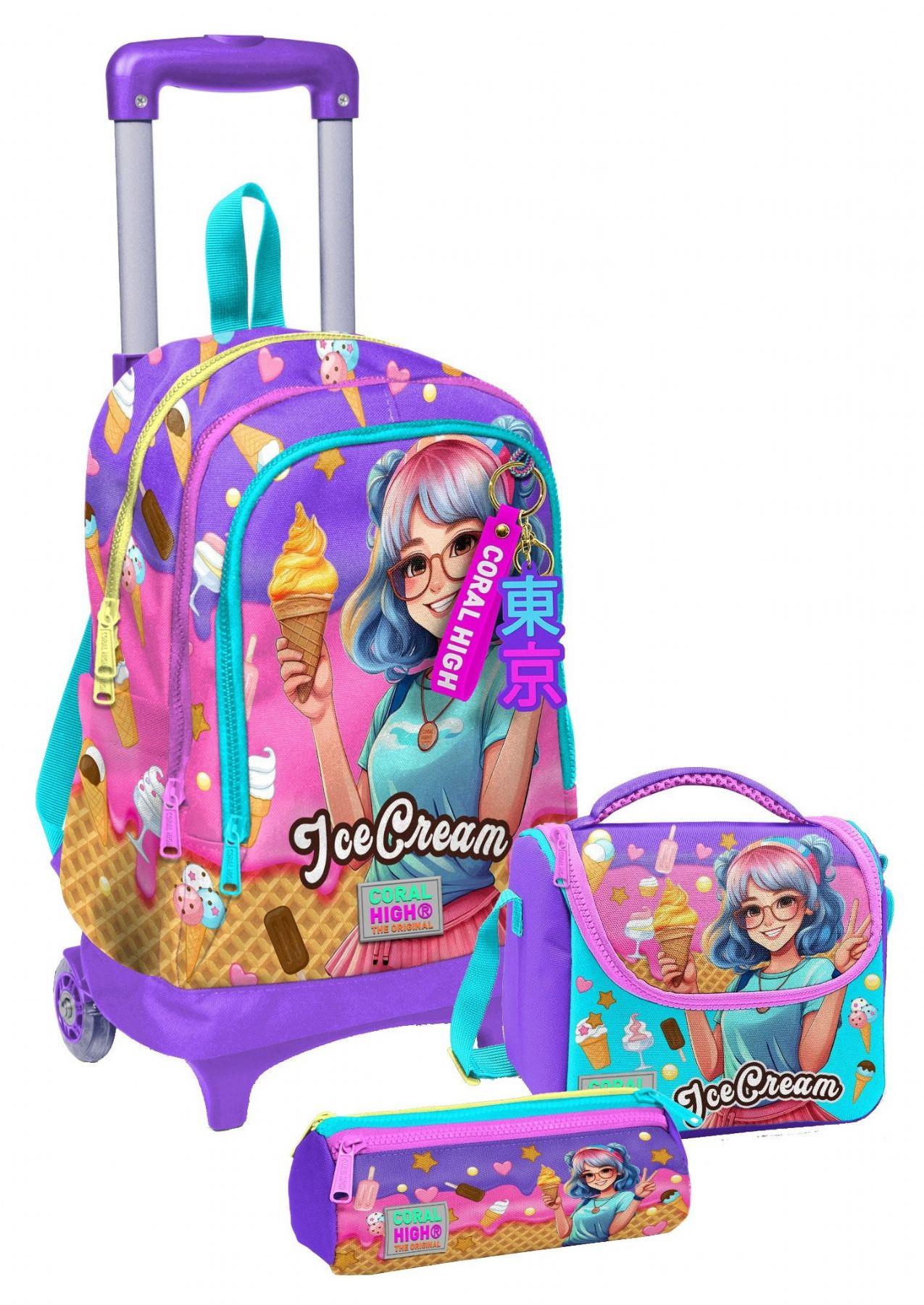 Coral High Çekçek Tekerlekli Kız Çocuk, Lila Turkuaz Dondurmalı Kız, İlkokul Üçlü Okul Çanta Seti