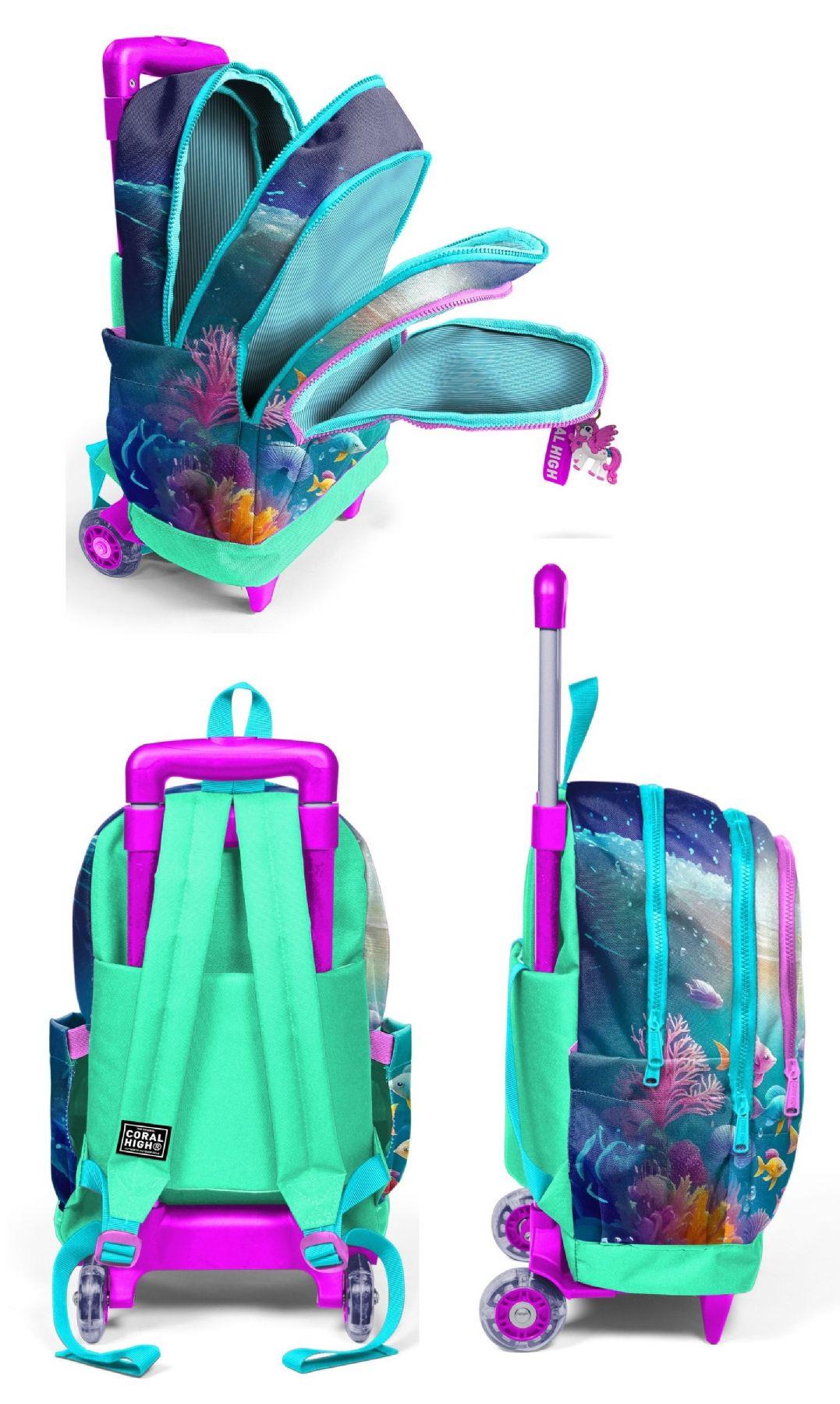 Coral High Çekçek Tekerlekli Kız Çocuk, Lila Turkuaz Dondurmalı Kız, İlkokul Üçlü Okul Çanta Seti