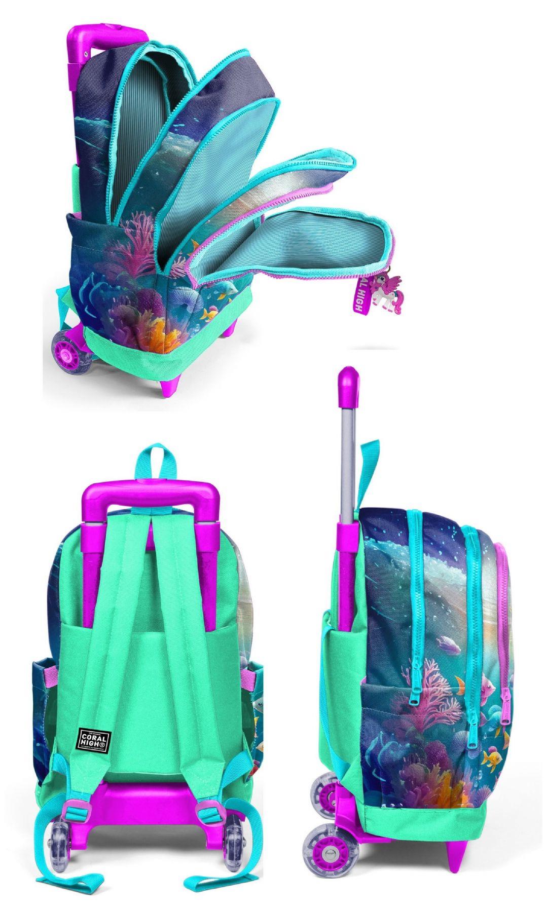 Coral High Çekçek Tekerlekli Kız Çocuk, Su Yeşili Denizatı, İlkokul Üçlü Okul Çanta Seti