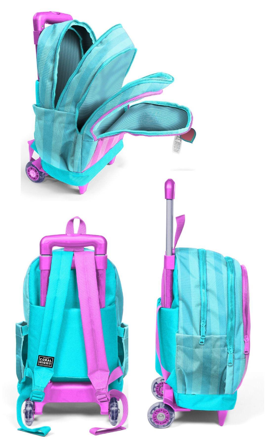 Coral High Çekçek Tekerlekli Kız Çocuk, Turkuaz Pembe Çizgili, İlkokul Üçlü Okul Çanta Seti