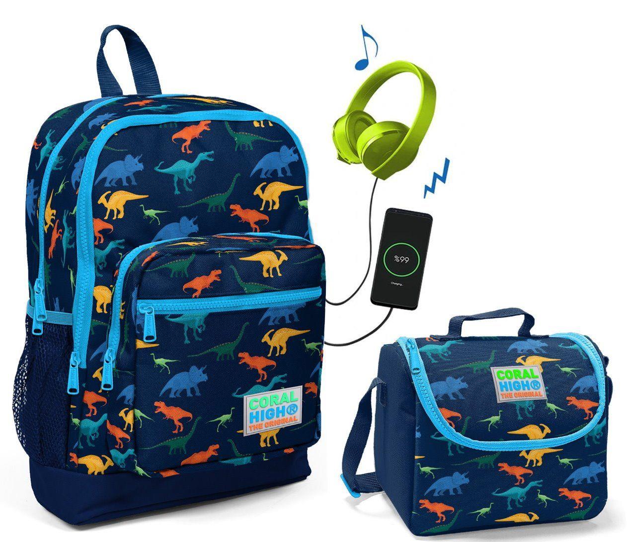 Coral High Dinazor Baskılı Okul Çantası ve Beslenme Çantası Seti - Erkek Çocuk - USB Soketli